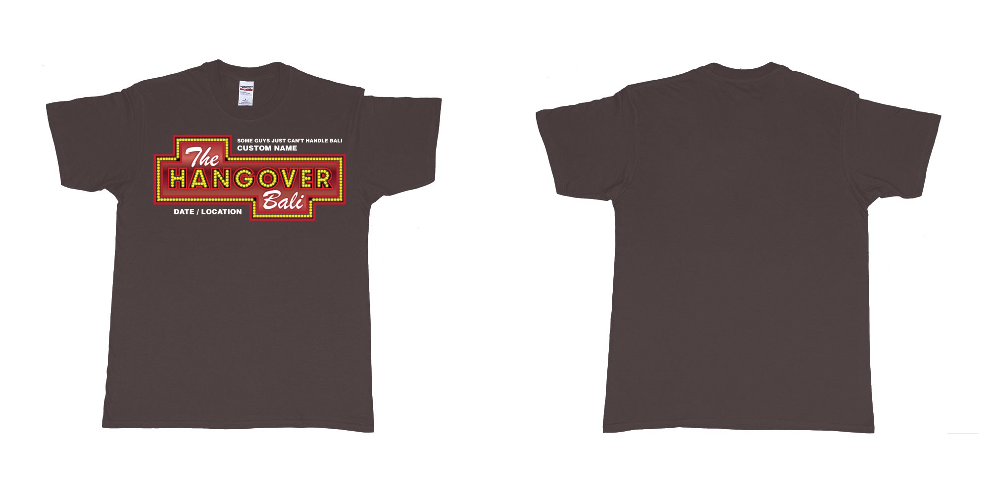 Custom tshirt design the hangover bali tour custom printing own name in fabric color dark-chocolate choice your own text made in Bali by The Pirate Way