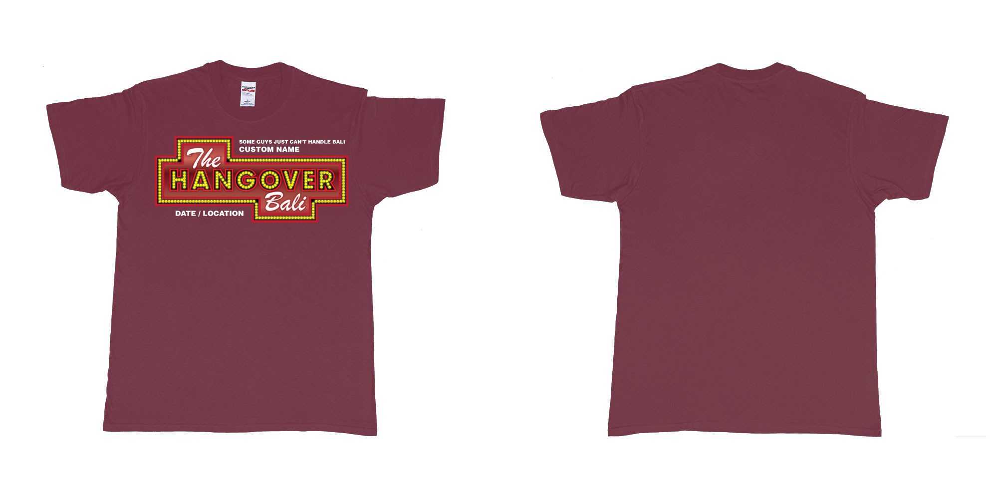 Custom tshirt design the hangover bali tour custom printing own name in fabric color marron choice your own text made in Bali by The Pirate Way