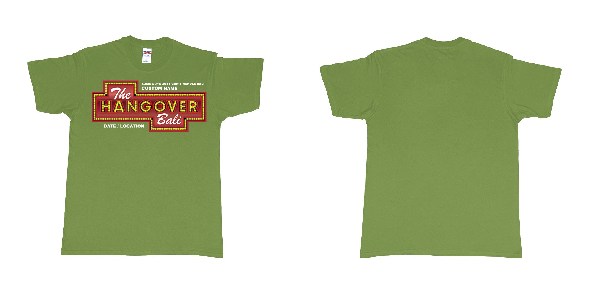 Custom tshirt design the hangover bali tour custom printing own name in fabric color military-green choice your own text made in Bali by The Pirate Way