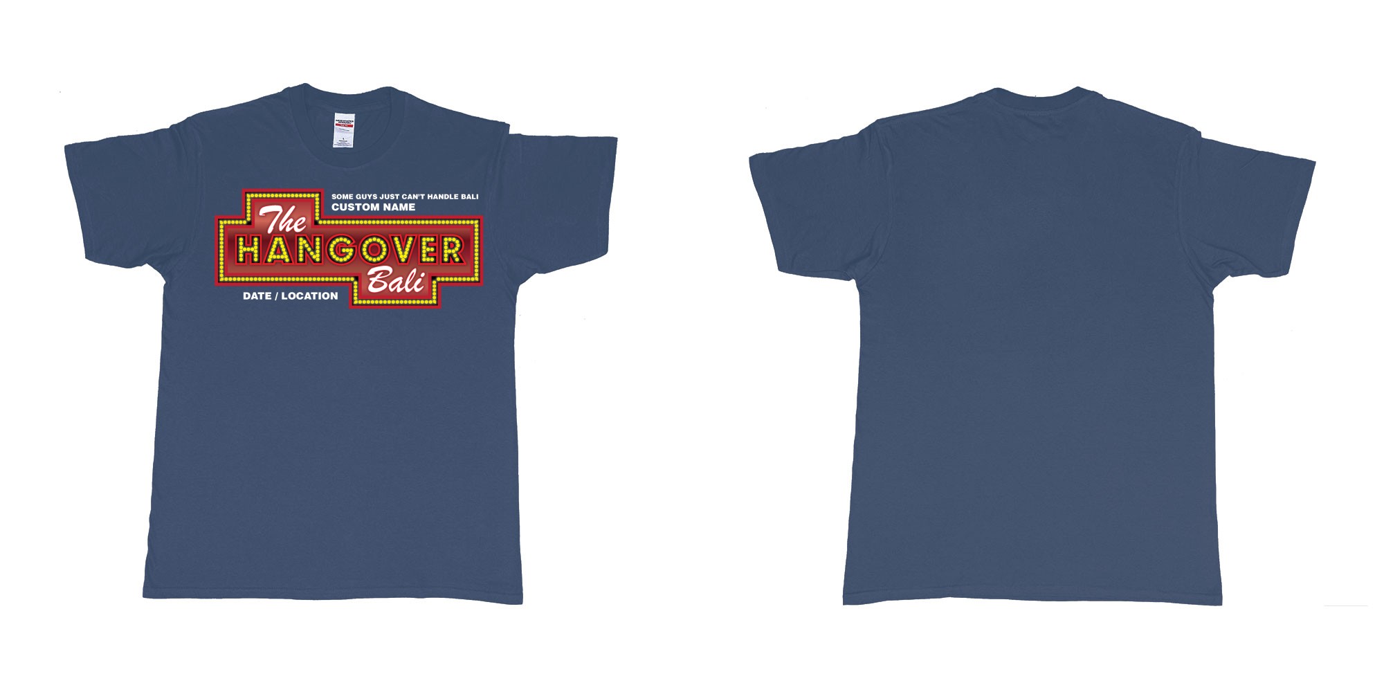 Custom tshirt design the hangover bali tour custom printing own name in fabric color navy choice your own text made in Bali by The Pirate Way