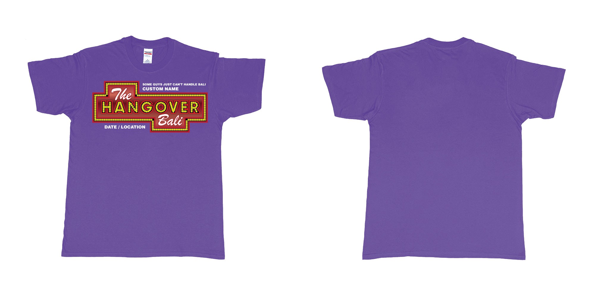 Custom tshirt design the hangover bali tour custom printing own name in fabric color purple choice your own text made in Bali by The Pirate Way