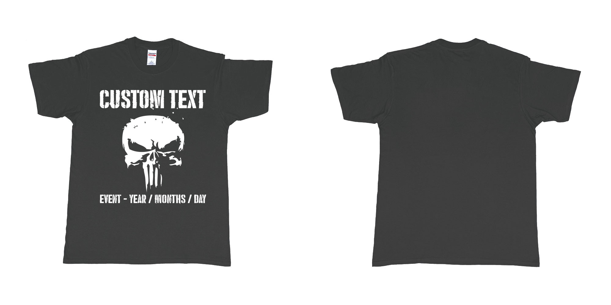 Custom tshirt design the punisher scull logo custom text in fabric color black choice your own text made in Bali by The Pirate Way