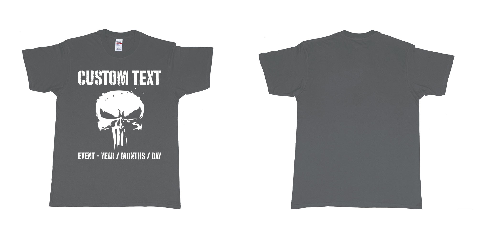 Custom tshirt design the punisher scull logo custom text in fabric color charcoal choice your own text made in Bali by The Pirate Way