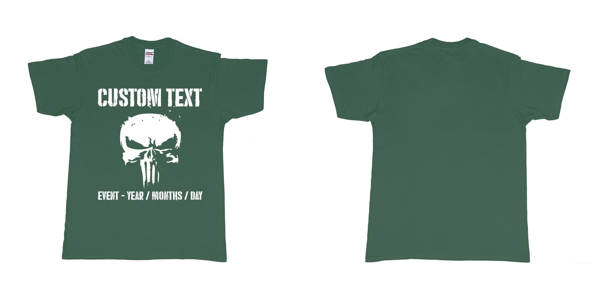 Custom tshirt design the punisher scull logo custom text in fabric color forest-green choice your own text made in Bali by The Pirate Way