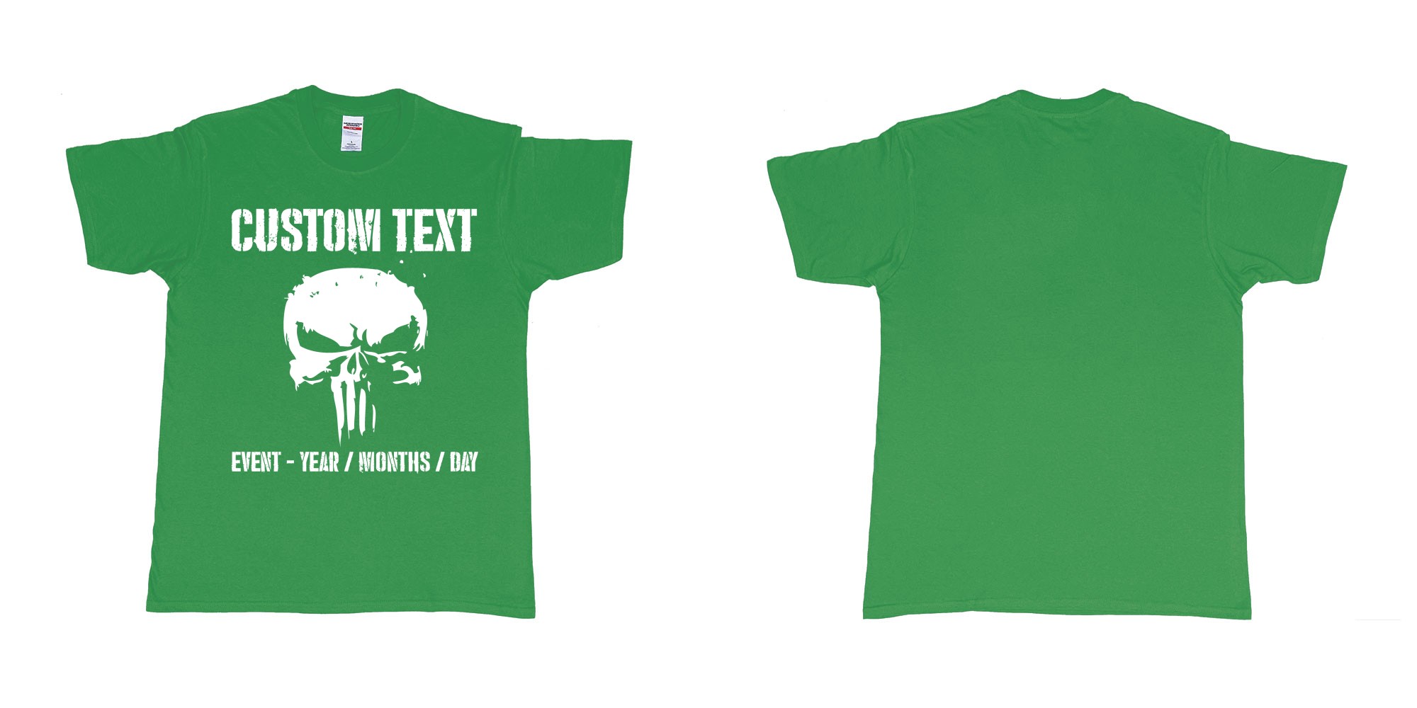 Custom tshirt design the punisher scull logo custom text in fabric color irish-green choice your own text made in Bali by The Pirate Way