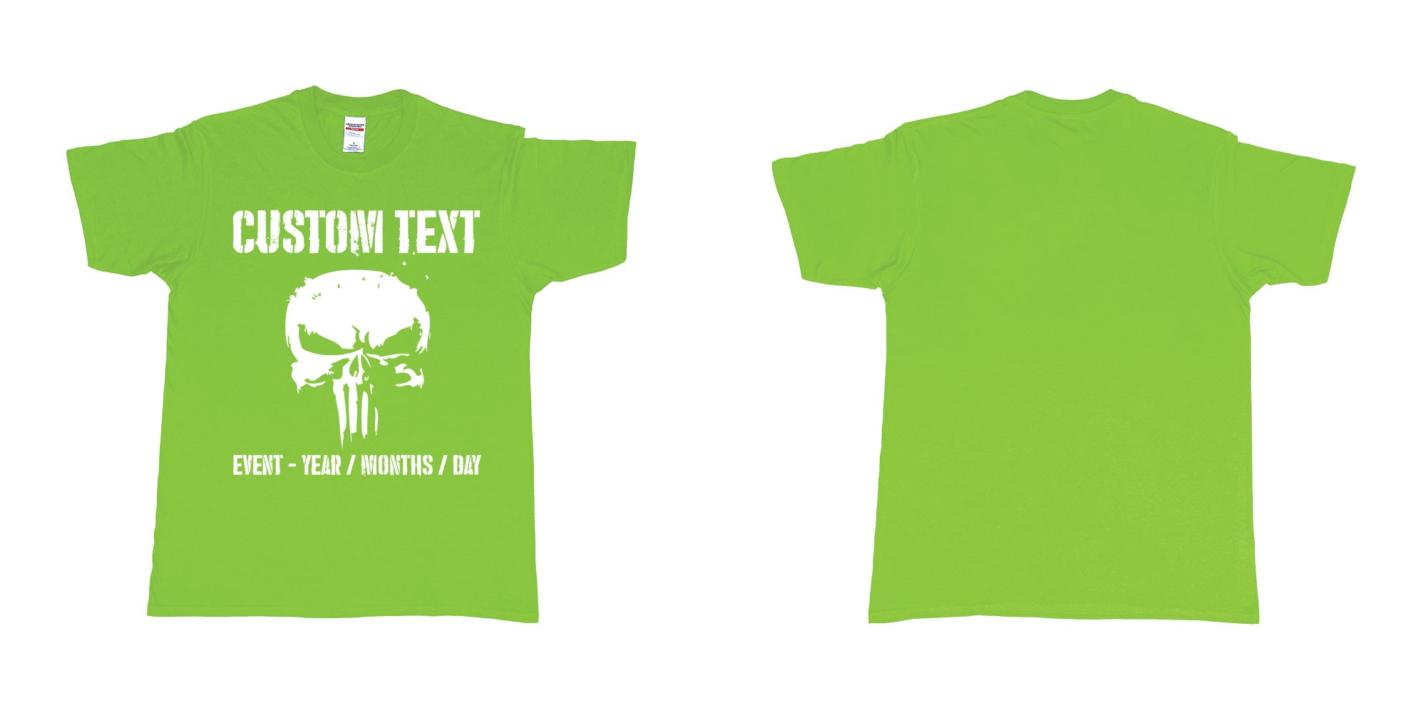 Custom tshirt design the punisher scull logo custom text in fabric color lime choice your own text made in Bali by The Pirate Way
