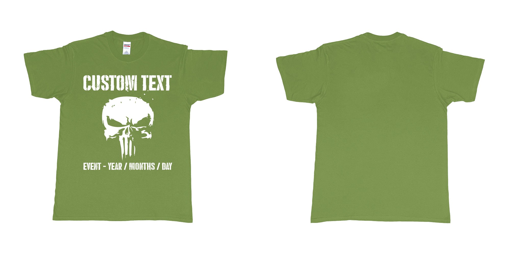 Custom tshirt design the punisher scull logo custom text in fabric color military-green choice your own text made in Bali by The Pirate Way
