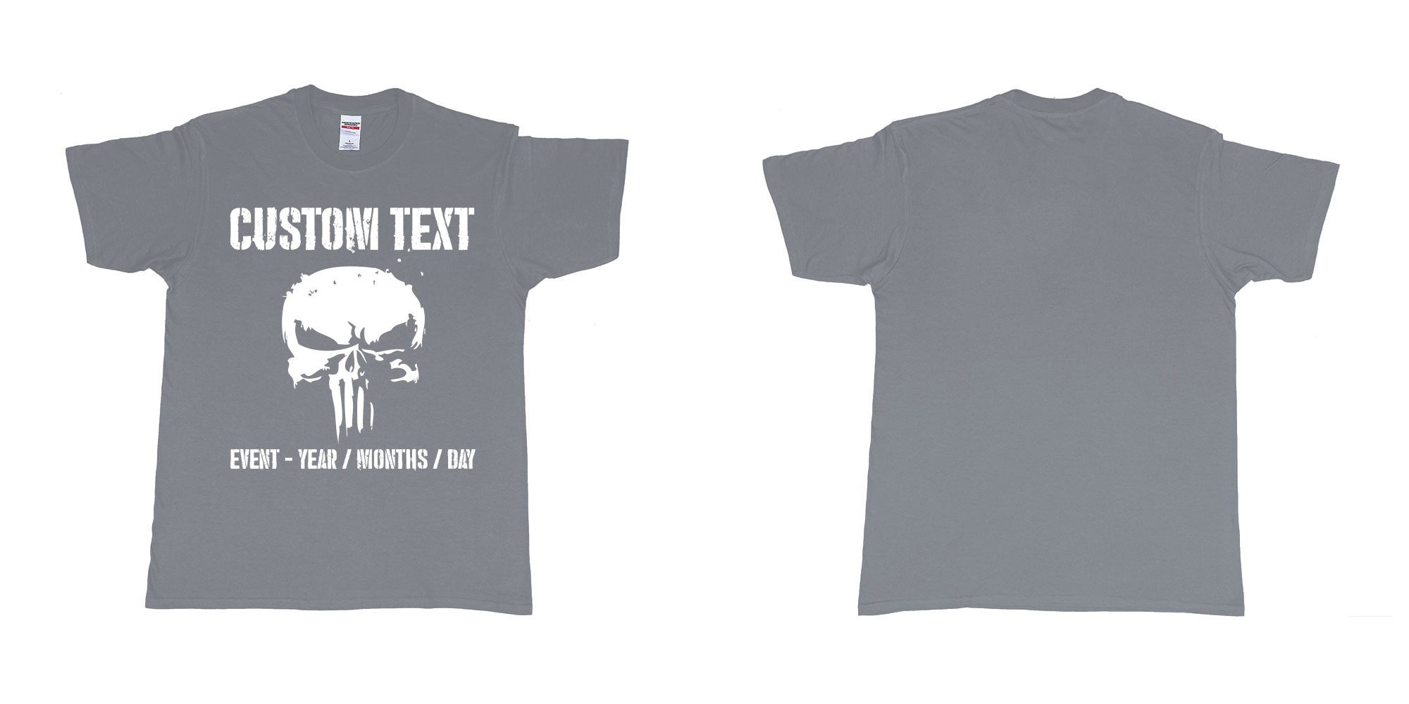 Custom tshirt design the punisher scull logo custom text in fabric color misty choice your own text made in Bali by The Pirate Way
