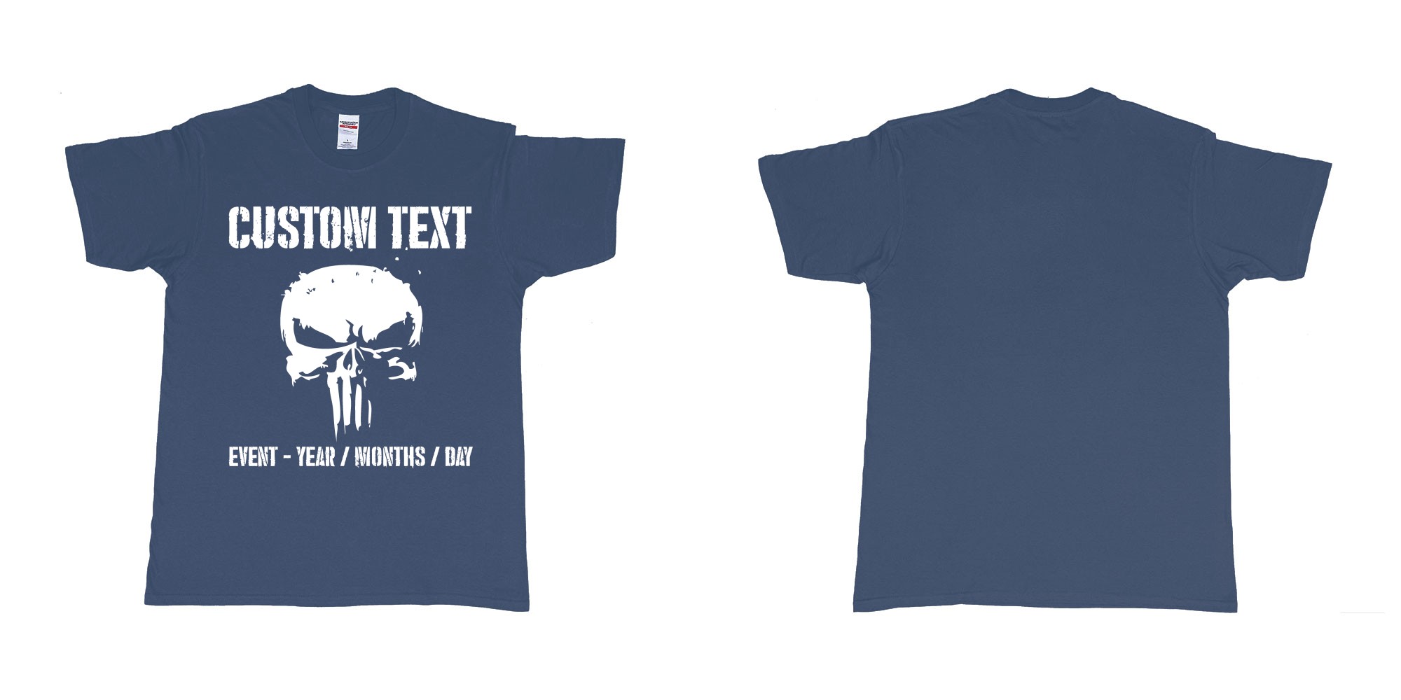 Custom tshirt design the punisher scull logo custom text in fabric color navy choice your own text made in Bali by The Pirate Way