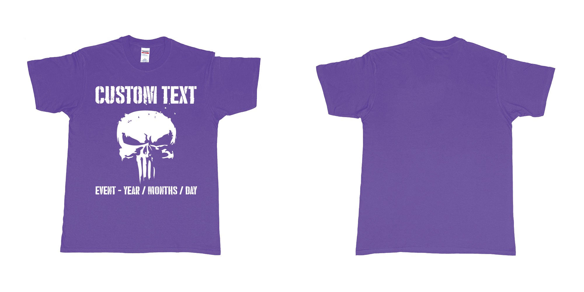 Custom tshirt design the punisher scull logo custom text in fabric color purple choice your own text made in Bali by The Pirate Way