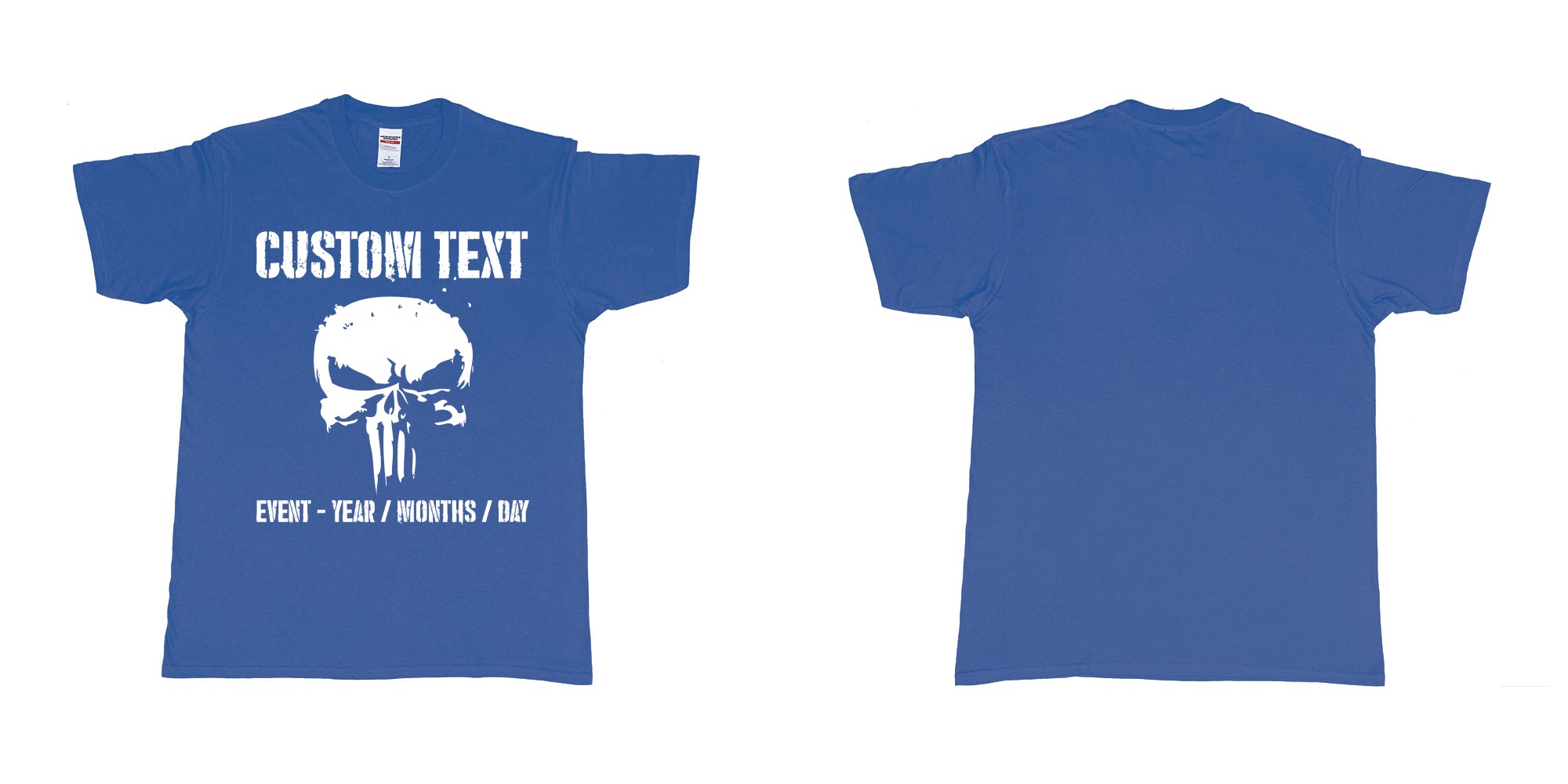 Custom tshirt design the punisher scull logo custom text in fabric color royal-blue choice your own text made in Bali by The Pirate Way