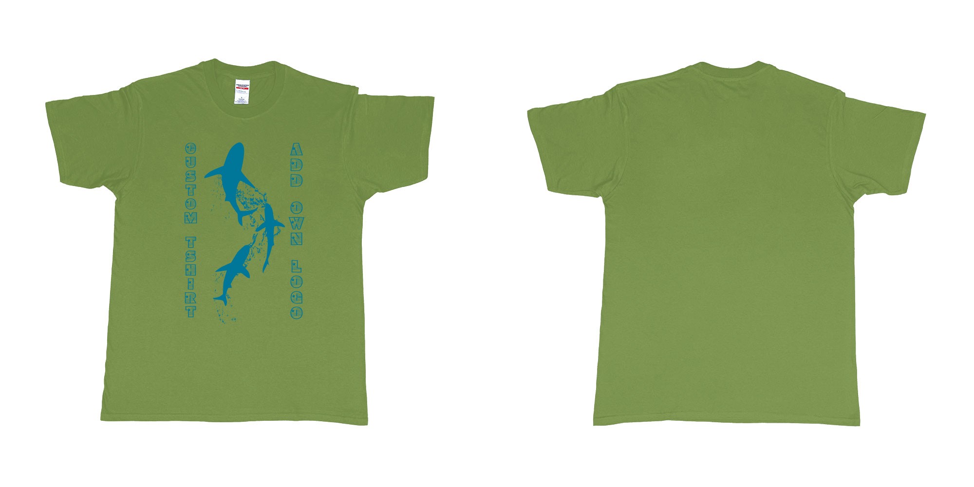 Custom tshirt design three shark siluetts scuba diving teeshirt in fabric color military-green choice your own text made in Bali by The Pirate Way