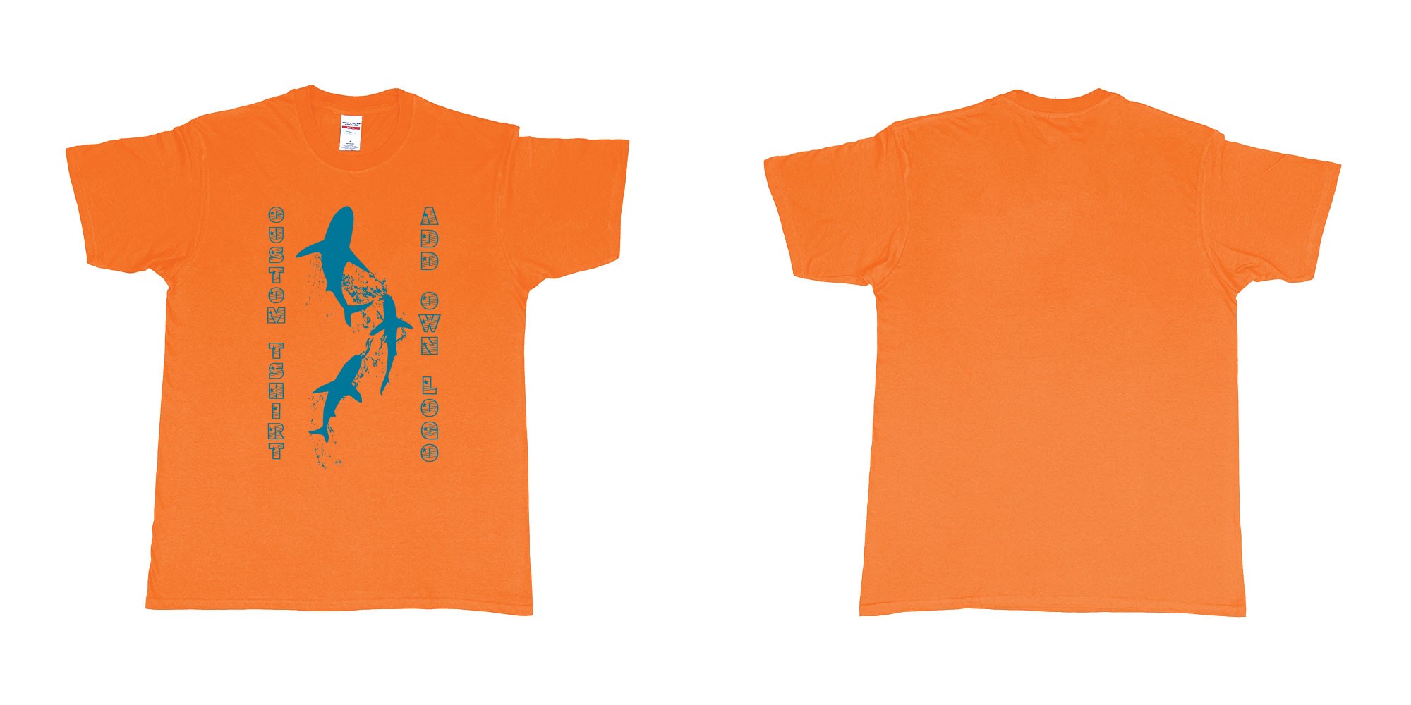 Custom tshirt design three shark siluetts scuba diving teeshirt in fabric color orange choice your own text made in Bali by The Pirate Way