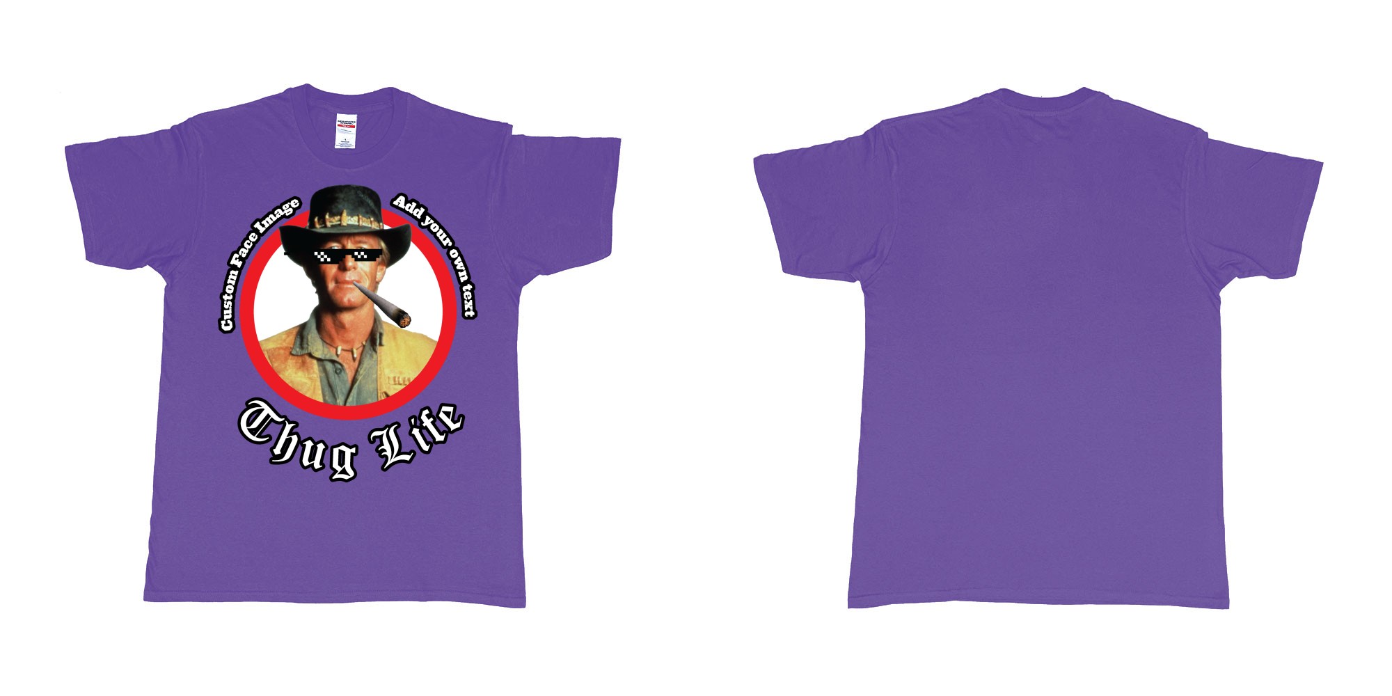 Custom tshirt design thug life meme sunglasses joint custom image in fabric color purple choice your own text made in Bali by The Pirate Way