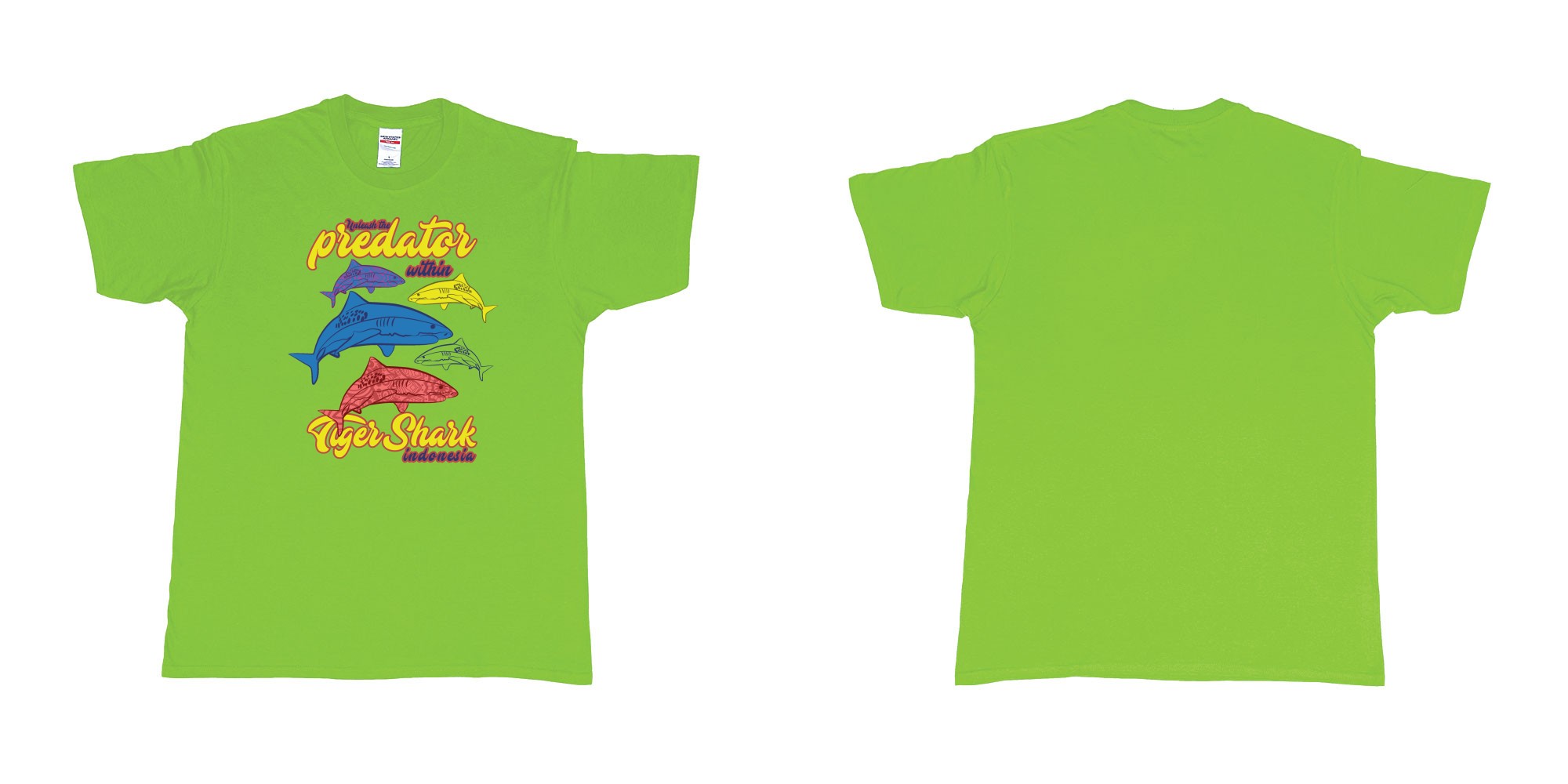 Custom tshirt design tiger shark unleash the predator with indonesia diving in fabric color lime choice your own text made in Bali by The Pirate Way