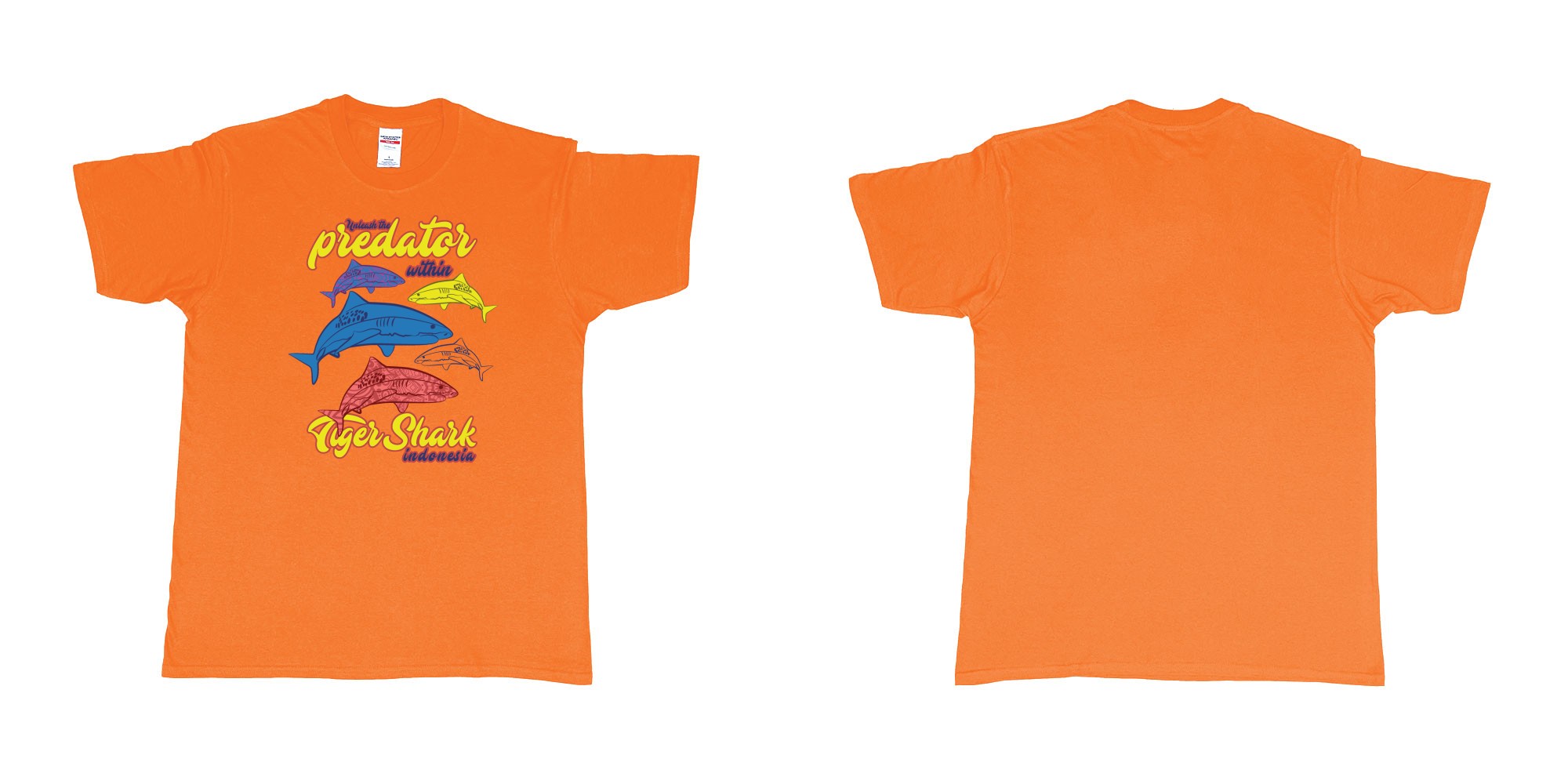 Custom tshirt design tiger shark unleash the predator with indonesia diving in fabric color orange choice your own text made in Bali by The Pirate Way