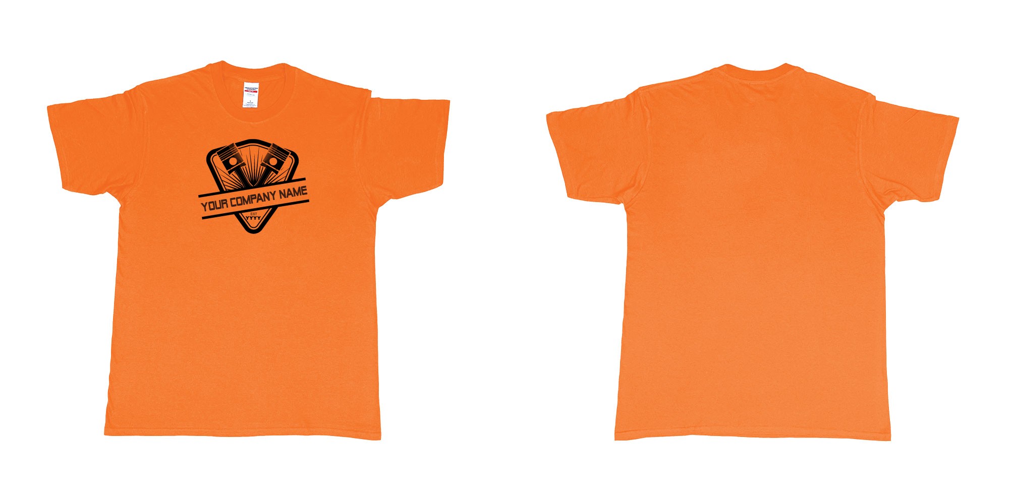 Custom tshirt design two piston custom personalized car repairs or mechanic own text print tshirt design in fabric color orange choice your own text made in Bali by The Pirate Way
