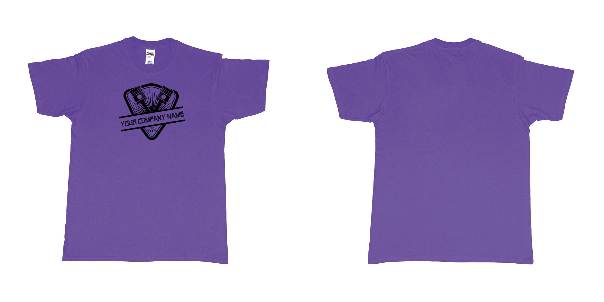 Custom tshirt design two piston custom personalized car repairs or mechanic own text print tshirt design in fabric color purple choice your own text made in Bali by The Pirate Way