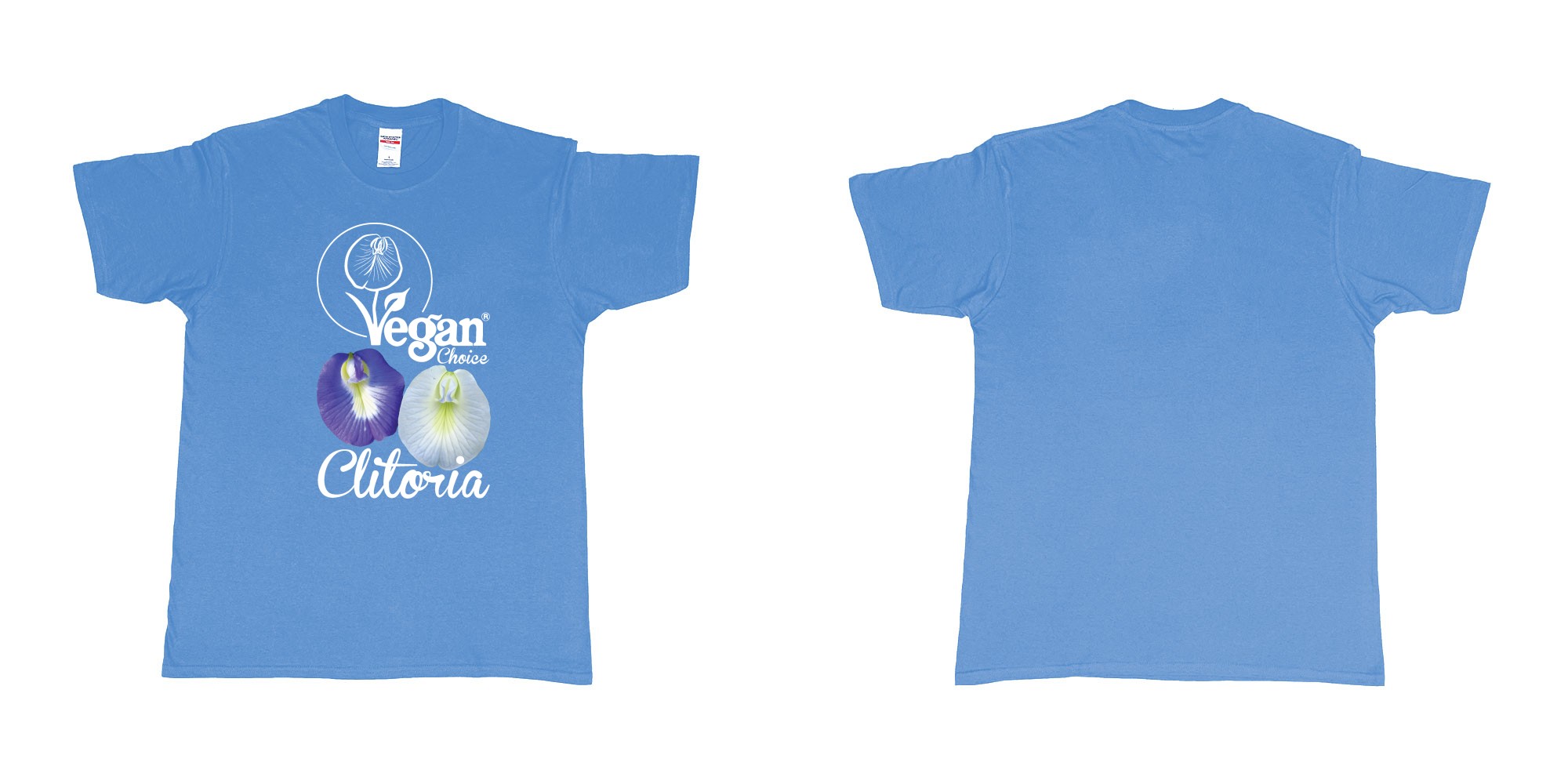 Custom tshirt design vegan choice clitoria flowers in fabric color carolina-blue choice your own text made in Bali by The Pirate Way