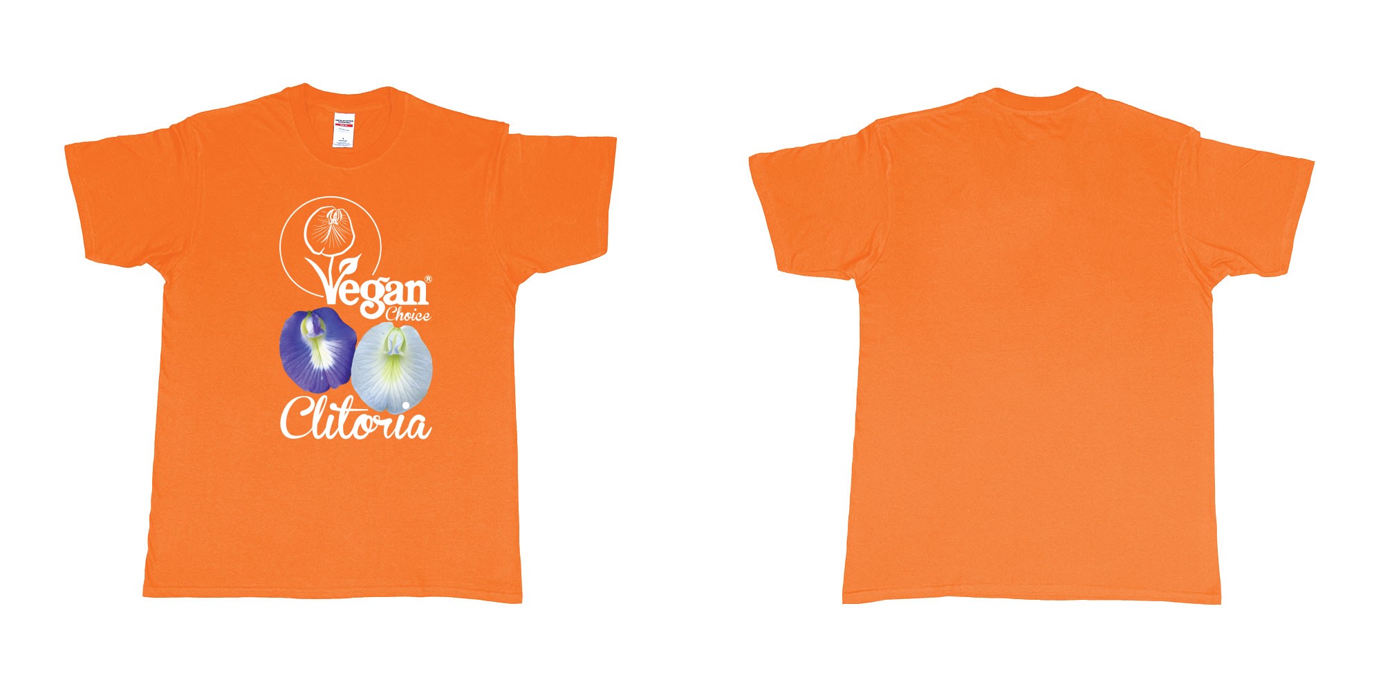 Custom tshirt design vegan choice clitoria flowers in fabric color orange choice your own text made in Bali by The Pirate Way