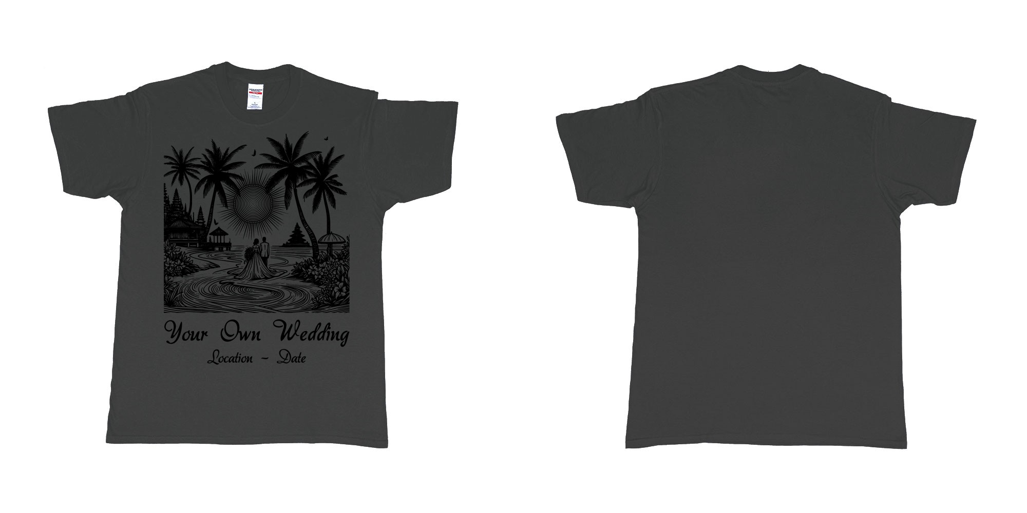 Custom tshirt design wedding couple drawing bali beach sea sunset custom printing souvenir gift in fabric color black choice your own text made in Bali by The Pirate Way