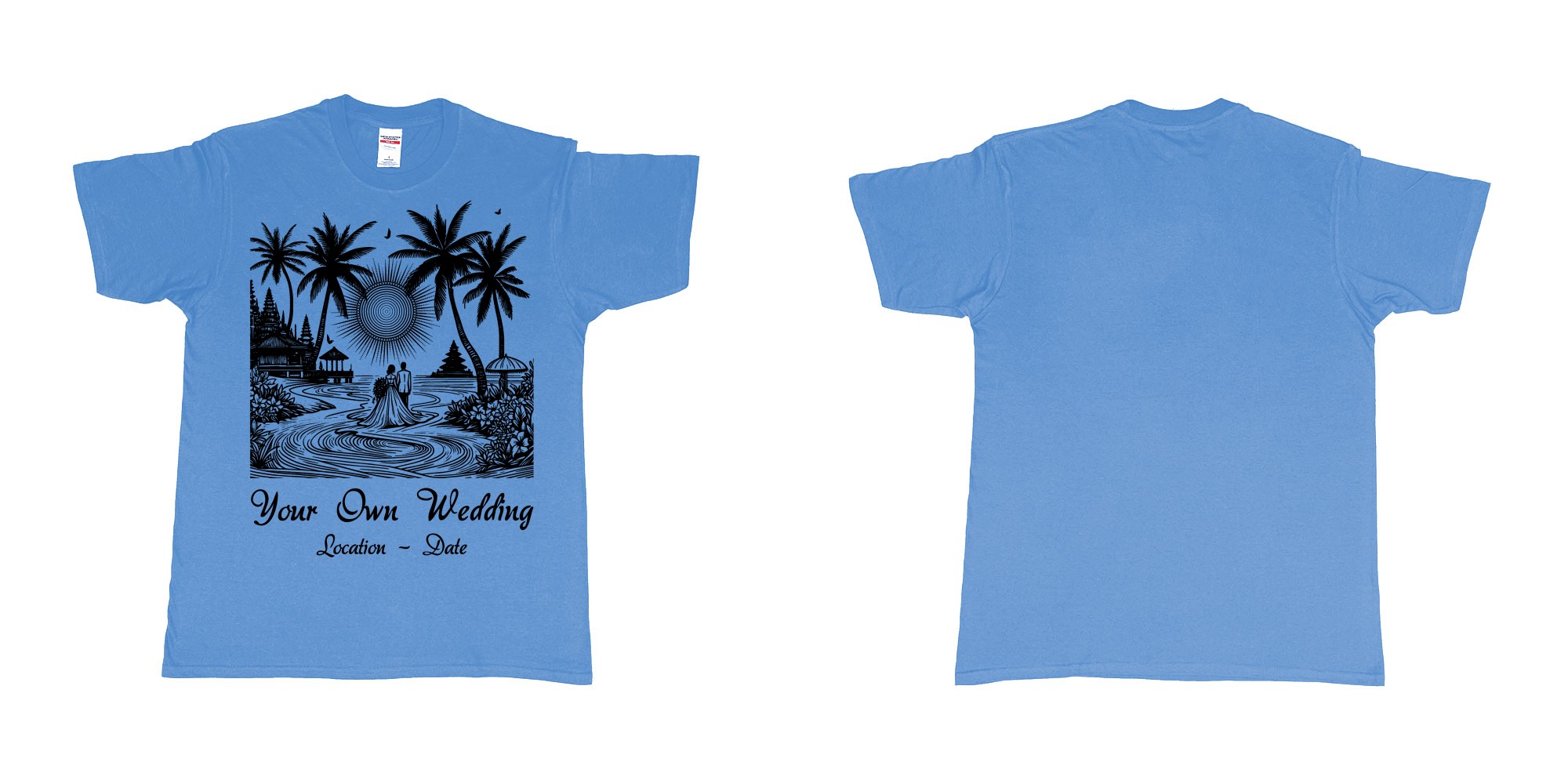 Custom tshirt design wedding couple drawing bali beach sea sunset custom printing souvenir gift in fabric color carolina-blue choice your own text made in Bali by The Pirate Way