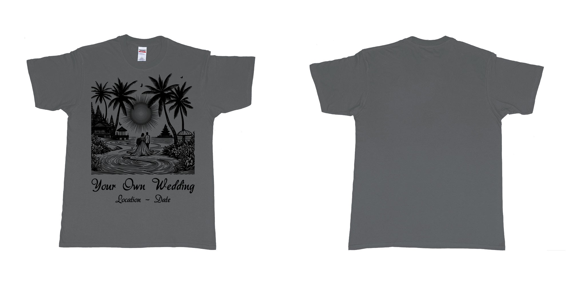Custom tshirt design wedding couple drawing bali beach sea sunset custom printing souvenir gift in fabric color charcoal choice your own text made in Bali by The Pirate Way