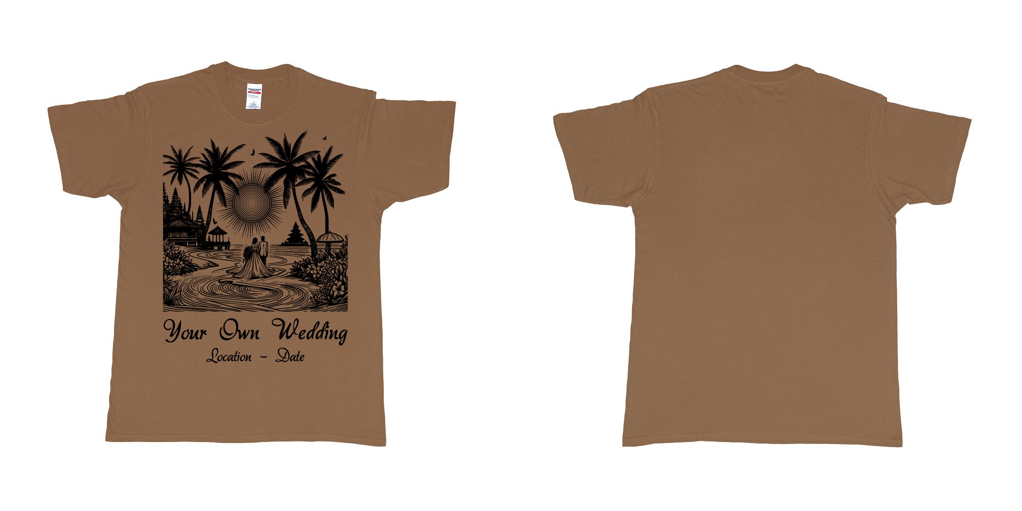 Custom tshirt design wedding couple drawing bali beach sea sunset custom printing souvenir gift in fabric color chestnut choice your own text made in Bali by The Pirate Way