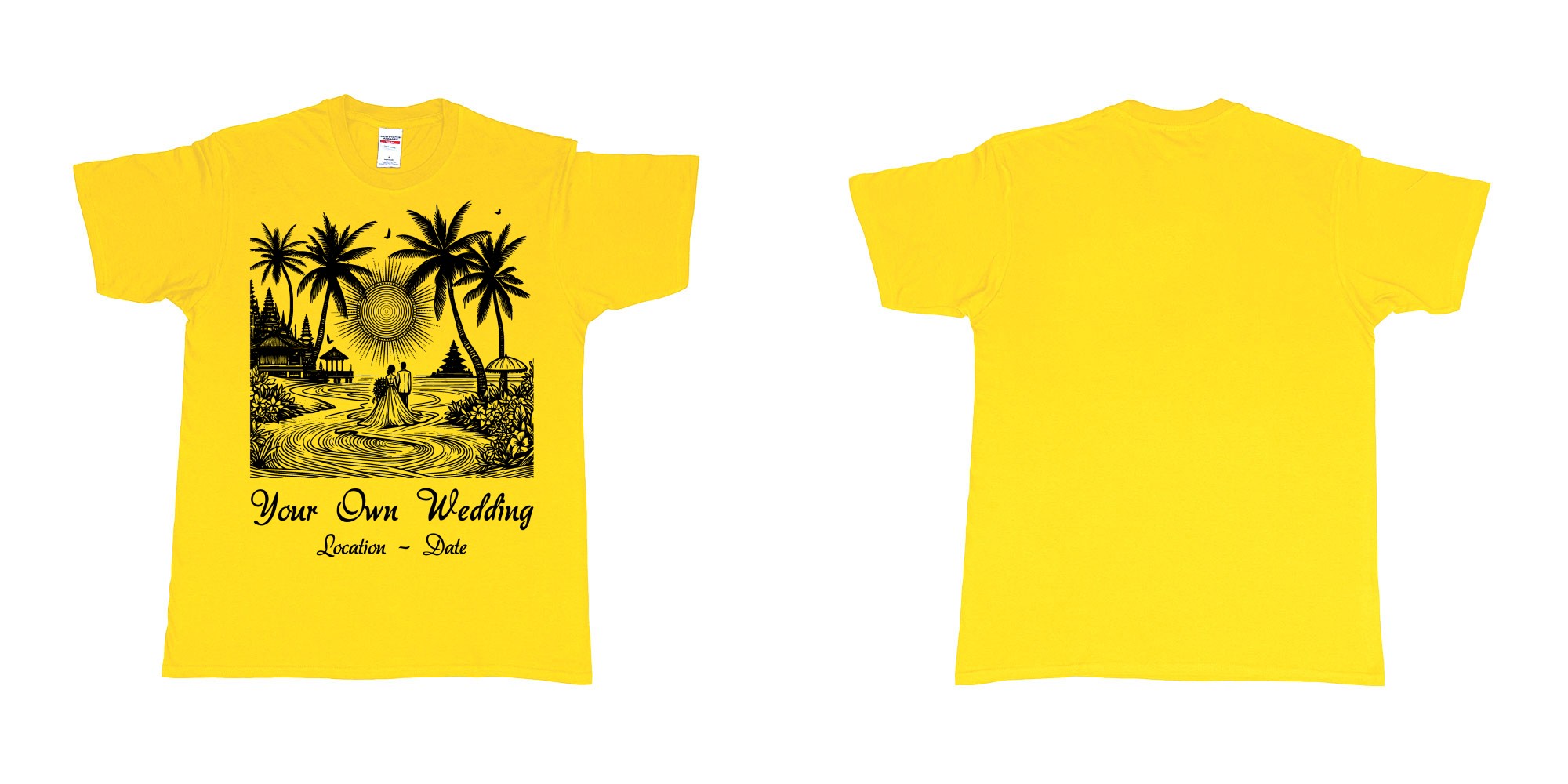 Custom tshirt design wedding couple drawing bali beach sea sunset custom printing souvenir gift in fabric color daisy choice your own text made in Bali by The Pirate Way