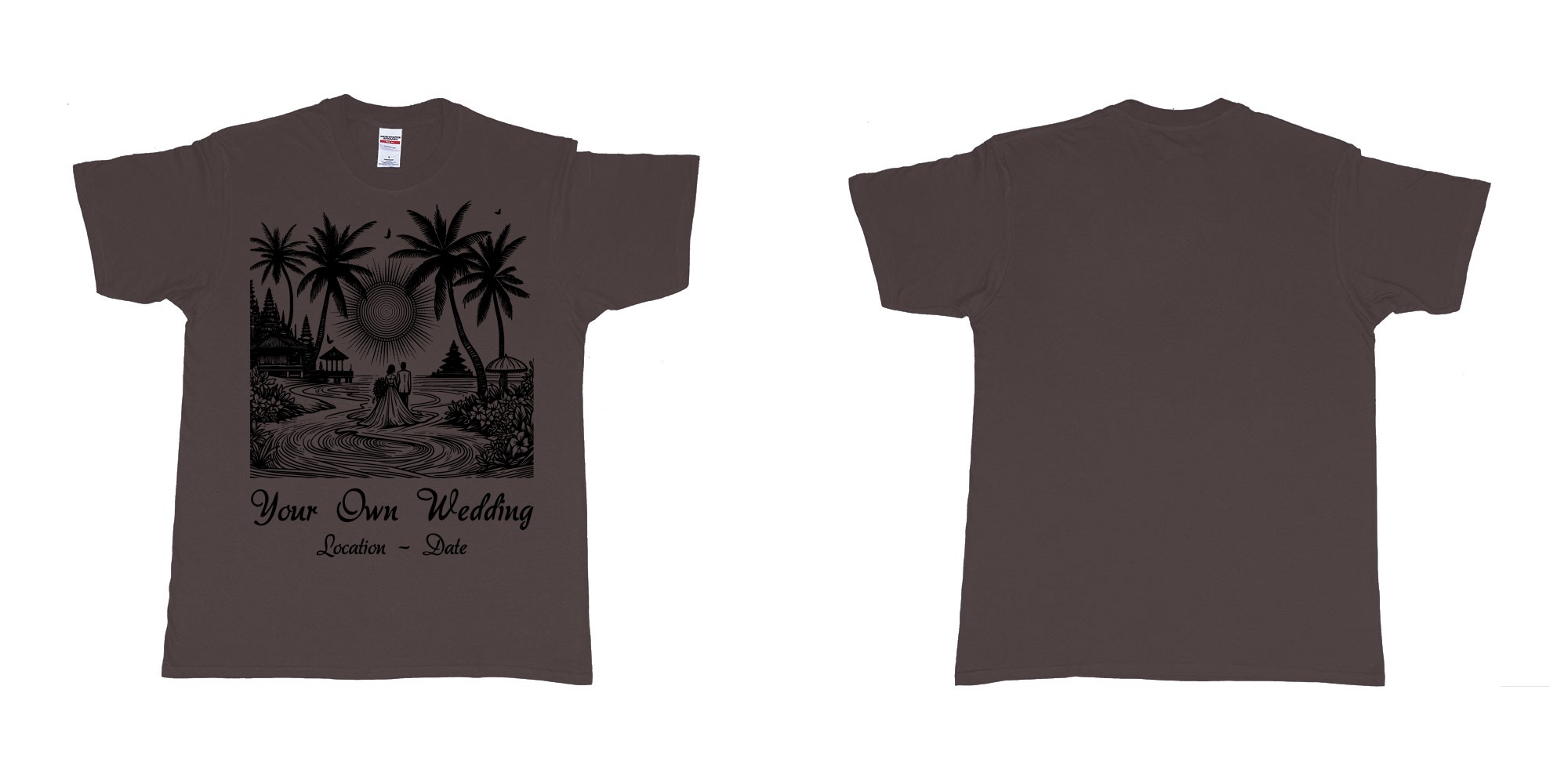 Custom tshirt design wedding couple drawing bali beach sea sunset custom printing souvenir gift in fabric color dark-chocolate choice your own text made in Bali by The Pirate Way
