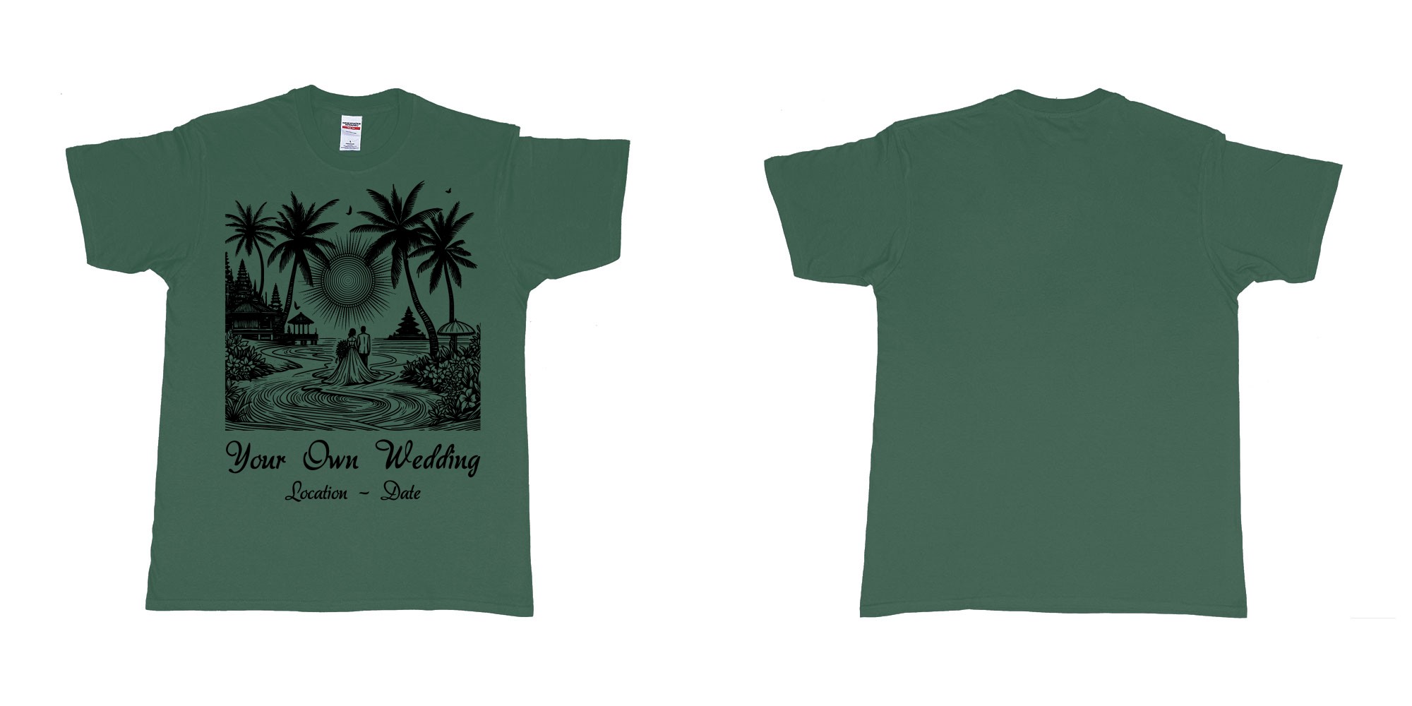 Custom tshirt design wedding couple drawing bali beach sea sunset custom printing souvenir gift in fabric color forest-green choice your own text made in Bali by The Pirate Way