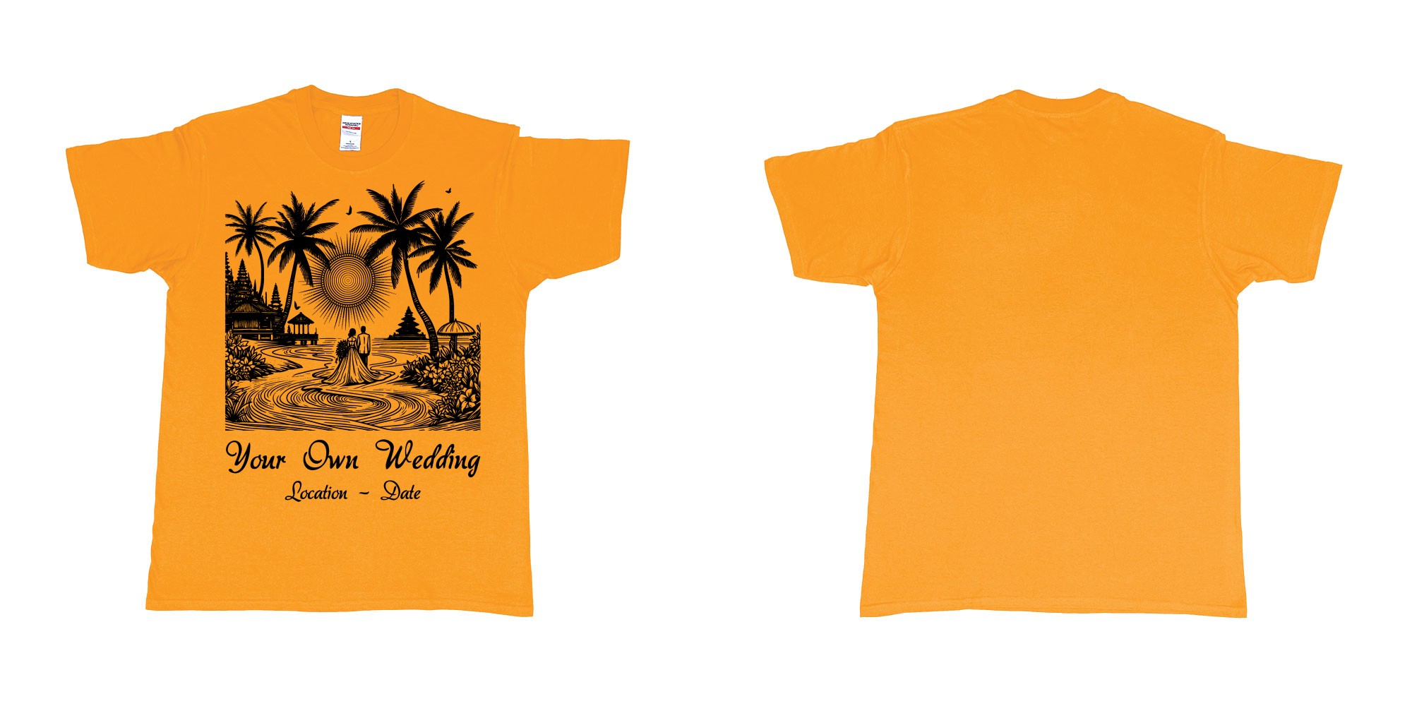 Custom tshirt design wedding couple drawing bali beach sea sunset custom printing souvenir gift in fabric color gold choice your own text made in Bali by The Pirate Way