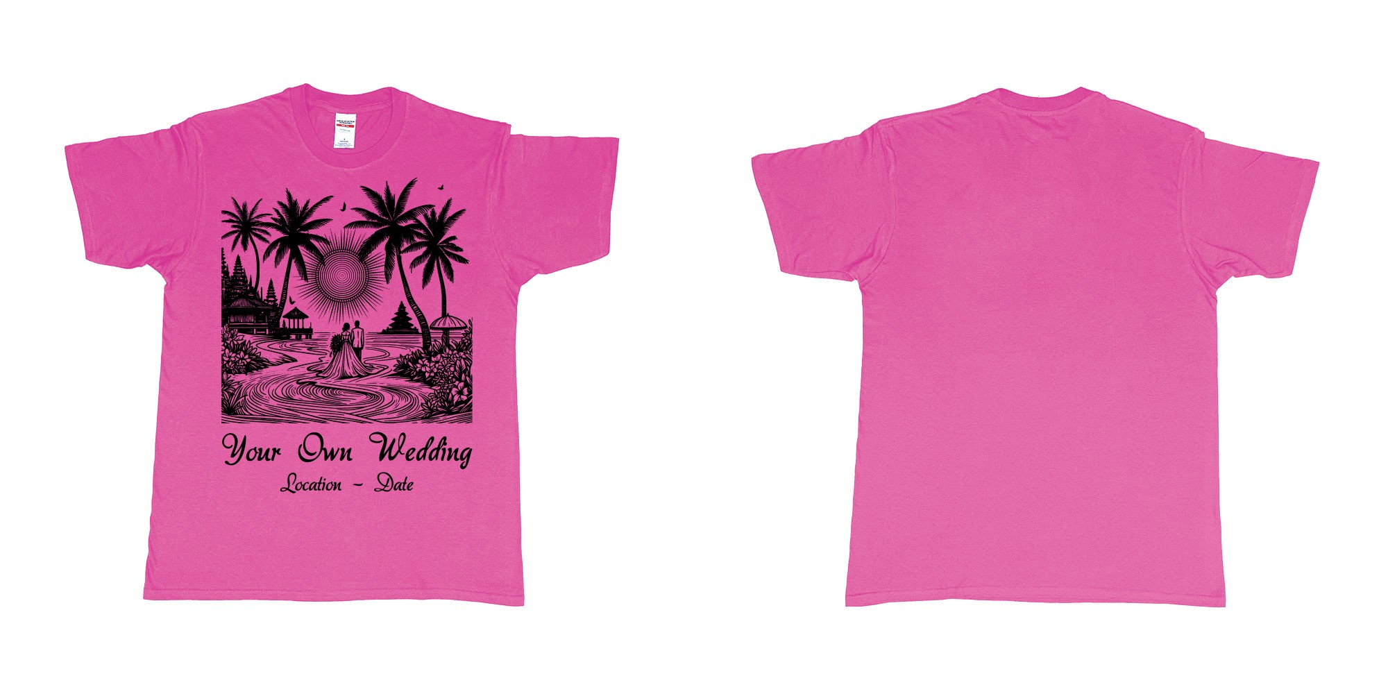 Custom tshirt design wedding couple drawing bali beach sea sunset custom printing souvenir gift in fabric color heliconia choice your own text made in Bali by The Pirate Way