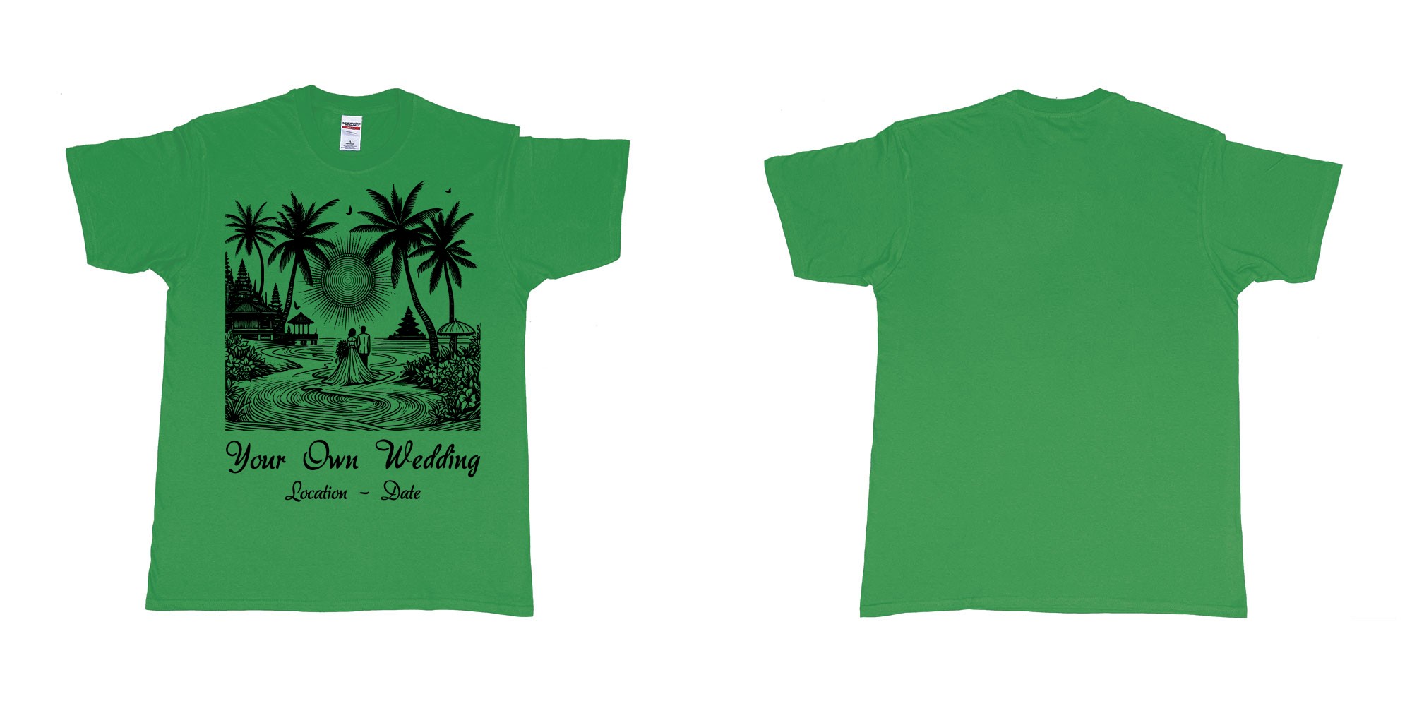 Custom tshirt design wedding couple drawing bali beach sea sunset custom printing souvenir gift in fabric color irish-green choice your own text made in Bali by The Pirate Way