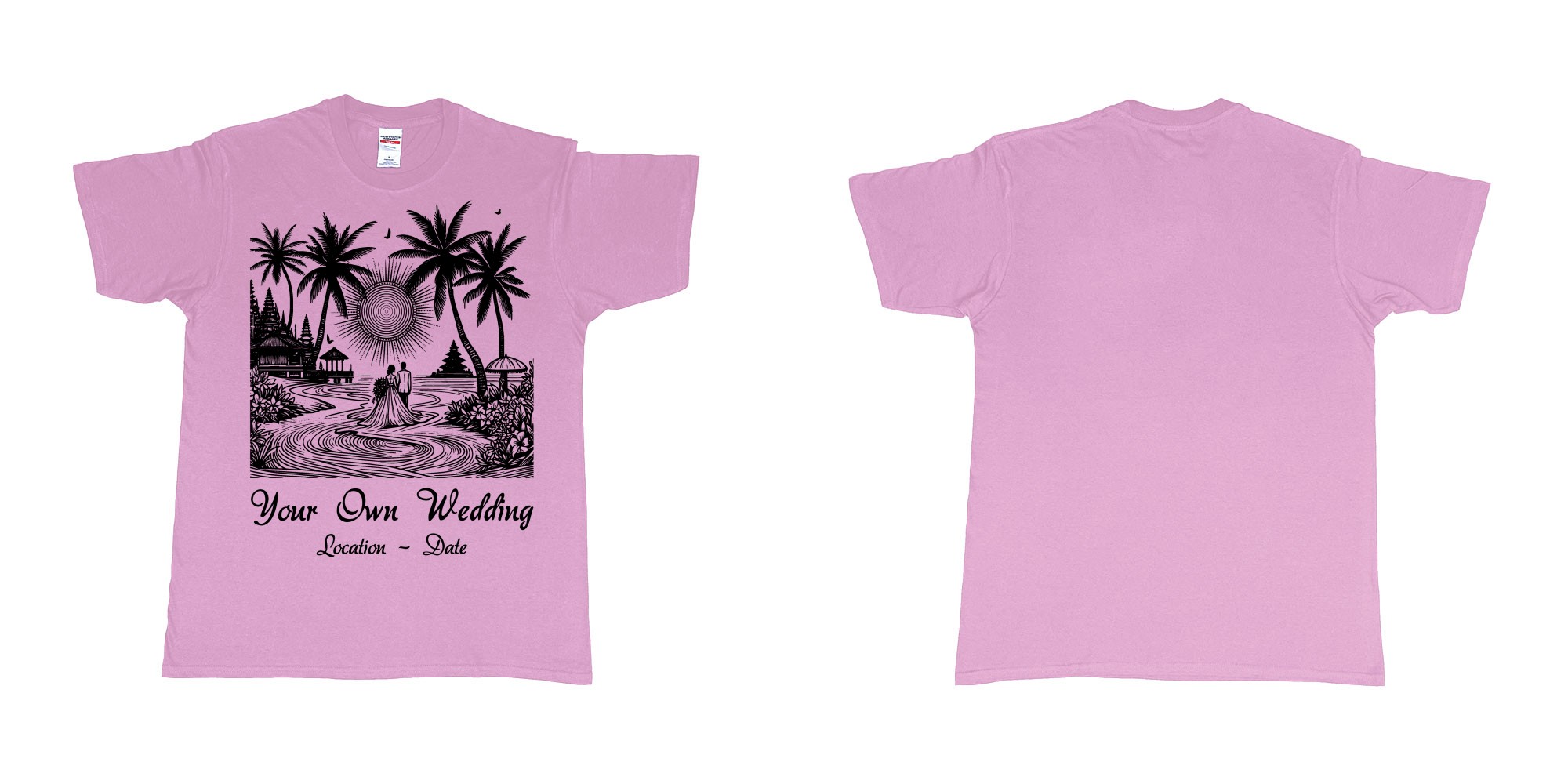 Custom tshirt design wedding couple drawing bali beach sea sunset custom printing souvenir gift in fabric color light-pink choice your own text made in Bali by The Pirate Way