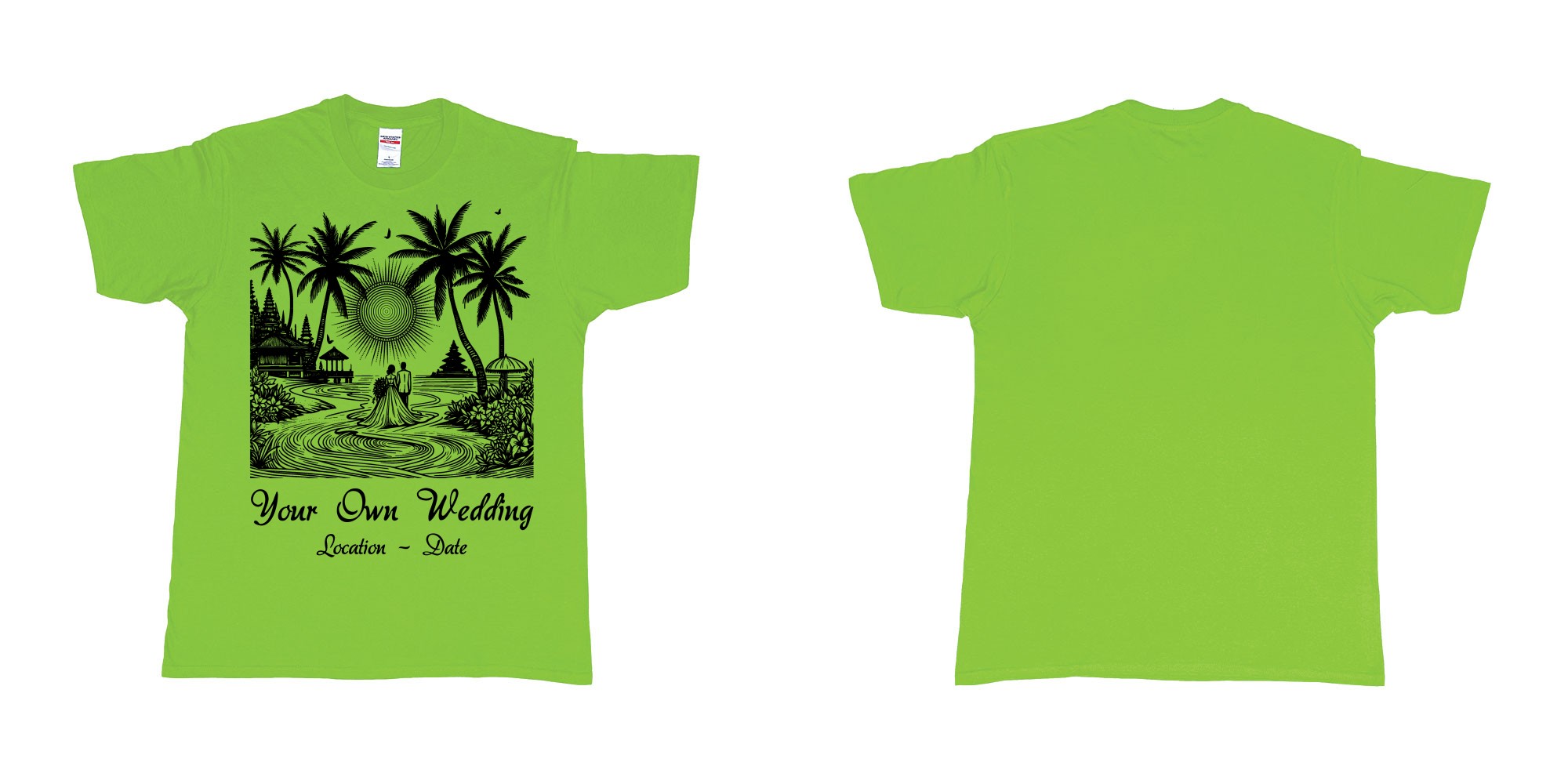 Custom tshirt design wedding couple drawing bali beach sea sunset custom printing souvenir gift in fabric color lime choice your own text made in Bali by The Pirate Way