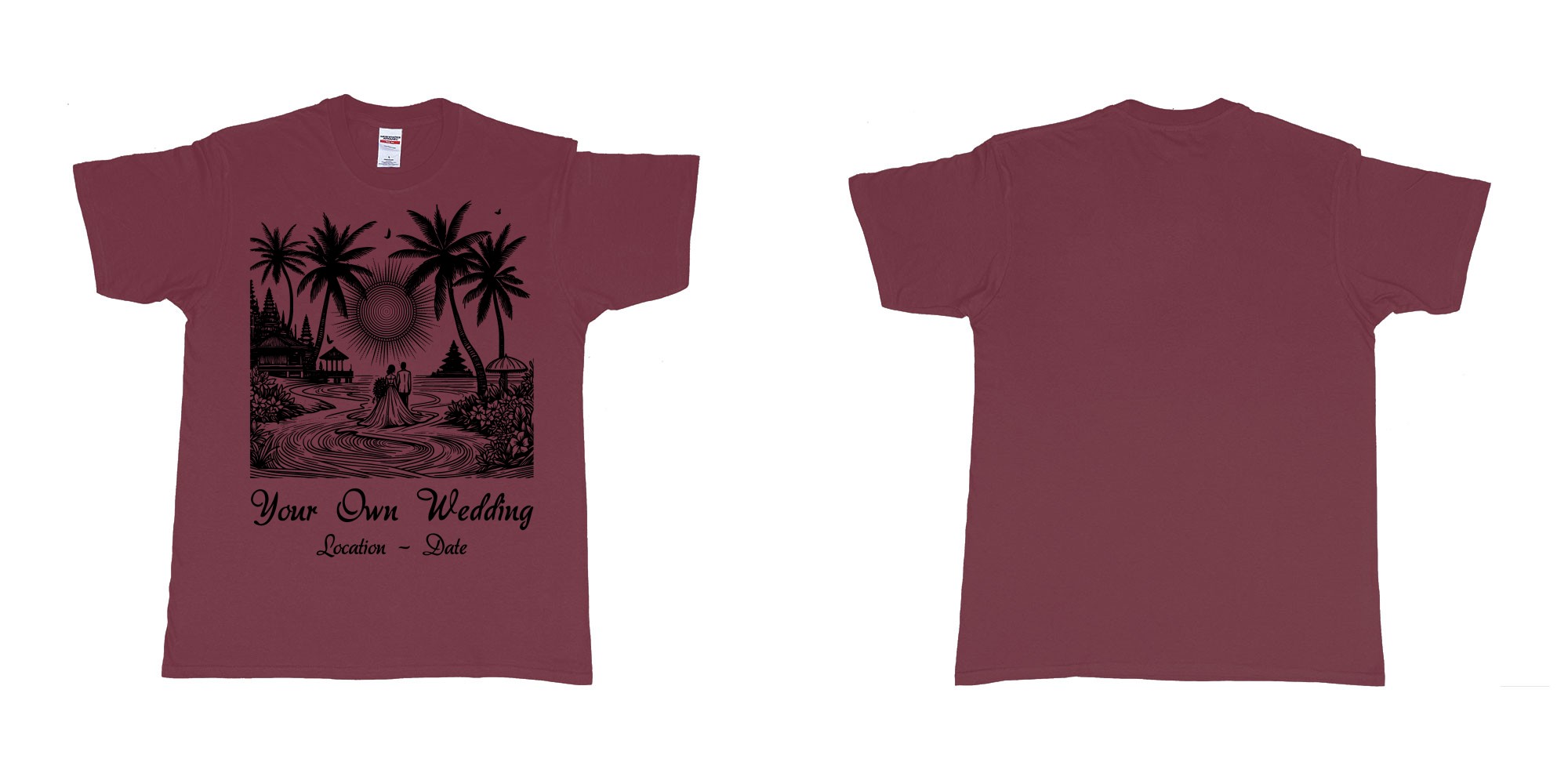 Custom tshirt design wedding couple drawing bali beach sea sunset custom printing souvenir gift in fabric color marron choice your own text made in Bali by The Pirate Way