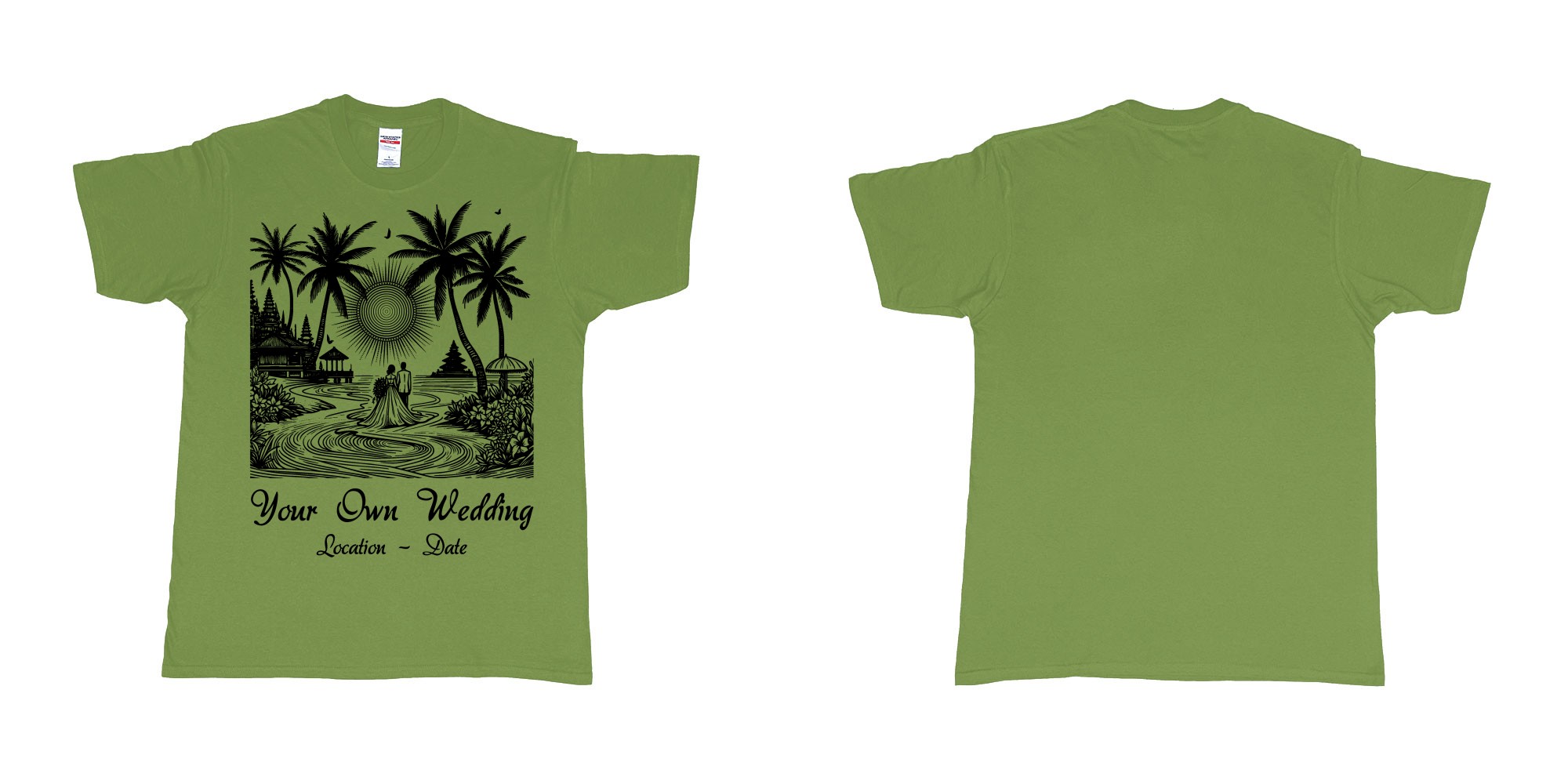 Custom tshirt design wedding couple drawing bali beach sea sunset custom printing souvenir gift in fabric color military-green choice your own text made in Bali by The Pirate Way