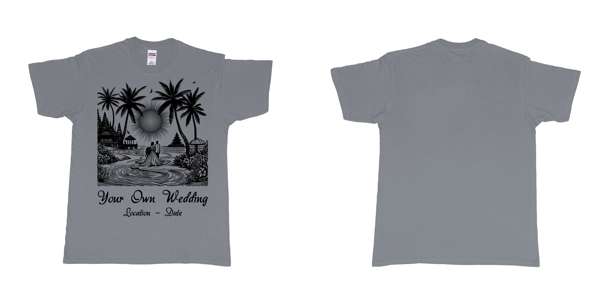 Custom tshirt design wedding couple drawing bali beach sea sunset custom printing souvenir gift in fabric color misty choice your own text made in Bali by The Pirate Way