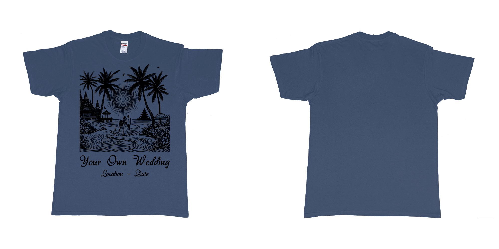 Custom tshirt design wedding couple drawing bali beach sea sunset custom printing souvenir gift in fabric color navy choice your own text made in Bali by The Pirate Way