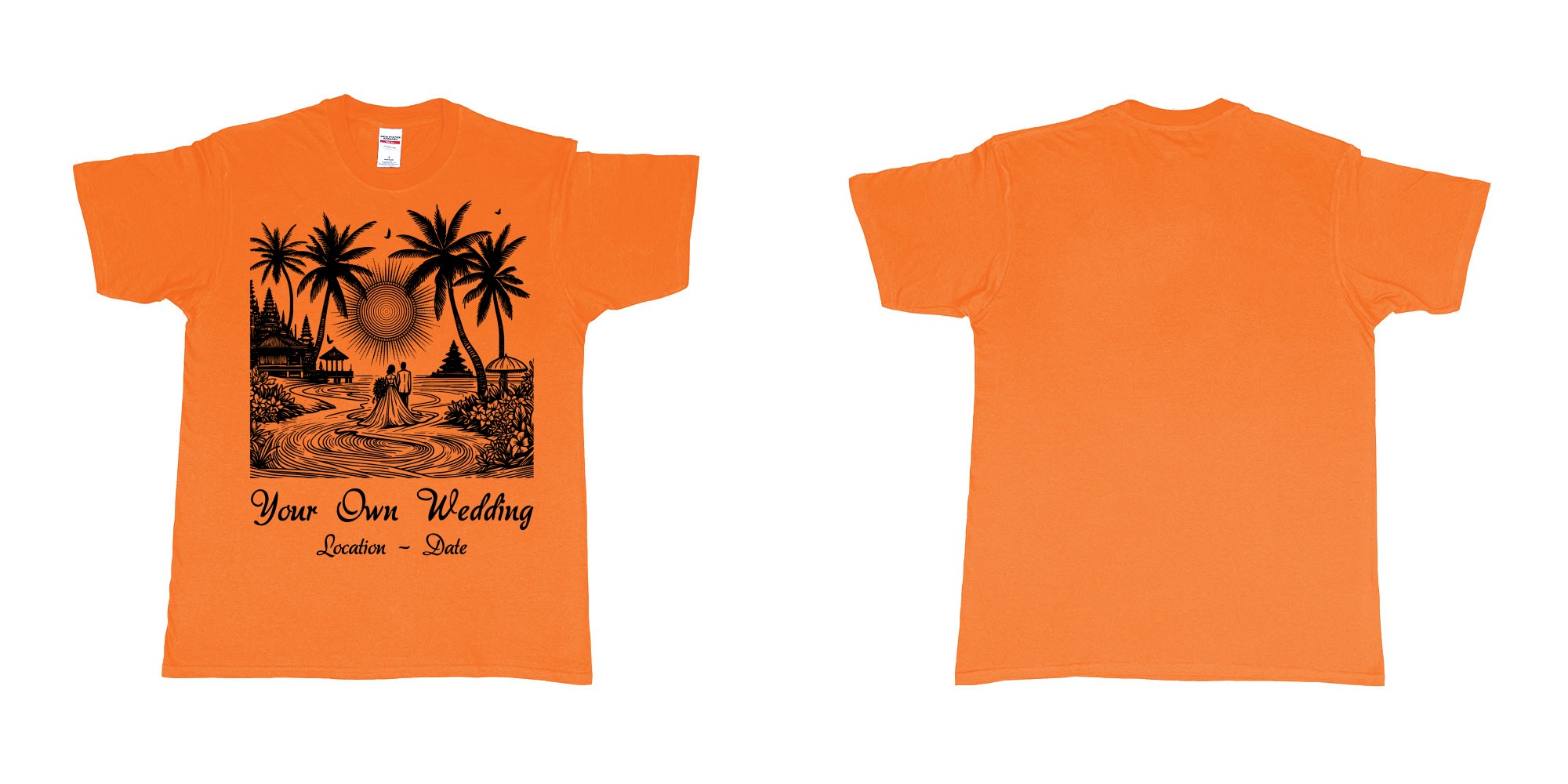 Custom tshirt design wedding couple drawing bali beach sea sunset custom printing souvenir gift in fabric color orange choice your own text made in Bali by The Pirate Way