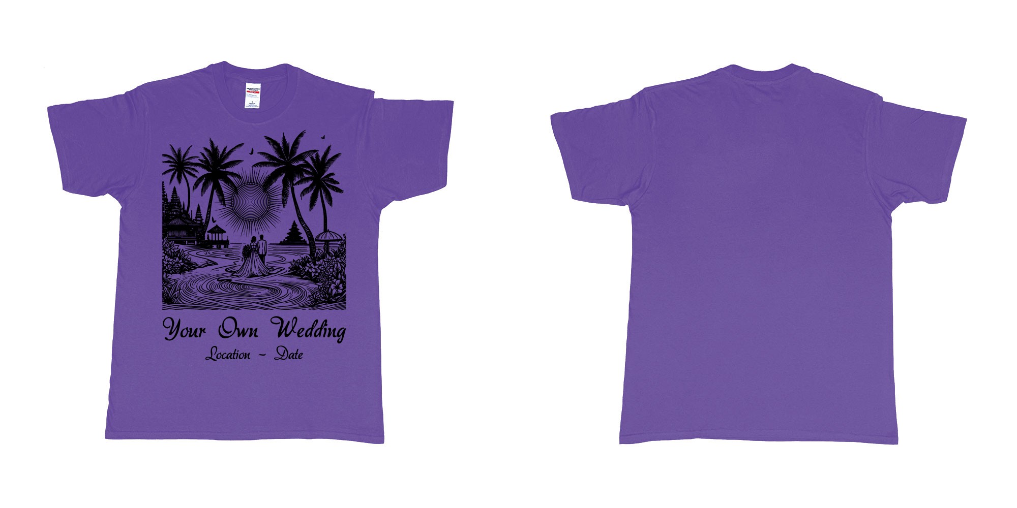 Custom tshirt design wedding couple drawing bali beach sea sunset custom printing souvenir gift in fabric color purple choice your own text made in Bali by The Pirate Way