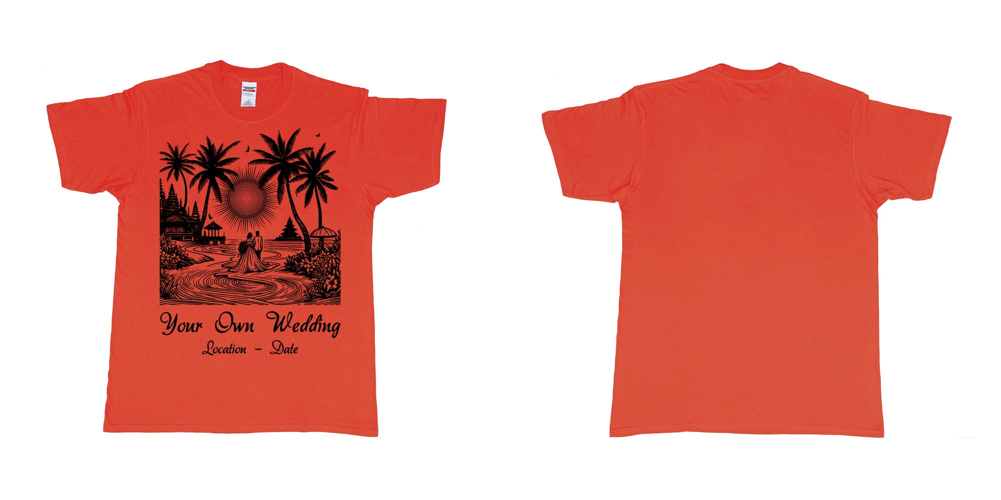 Custom tshirt design wedding couple drawing bali beach sea sunset custom printing souvenir gift in fabric color red choice your own text made in Bali by The Pirate Way