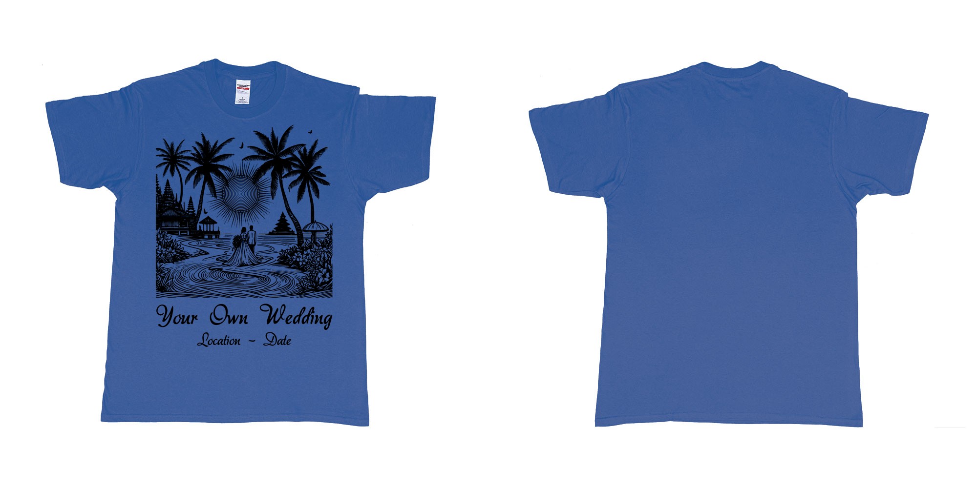 Custom tshirt design wedding couple drawing bali beach sea sunset custom printing souvenir gift in fabric color royal-blue choice your own text made in Bali by The Pirate Way
