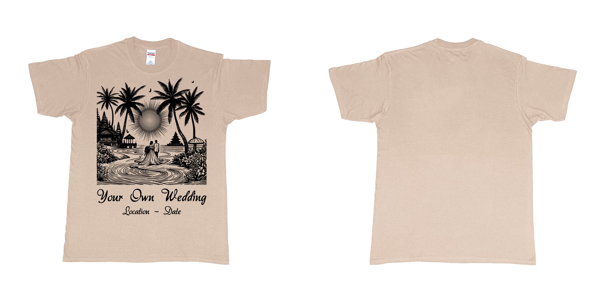 Custom tshirt design wedding couple drawing bali beach sea sunset custom printing souvenir gift in fabric color sand choice your own text made in Bali by The Pirate Way