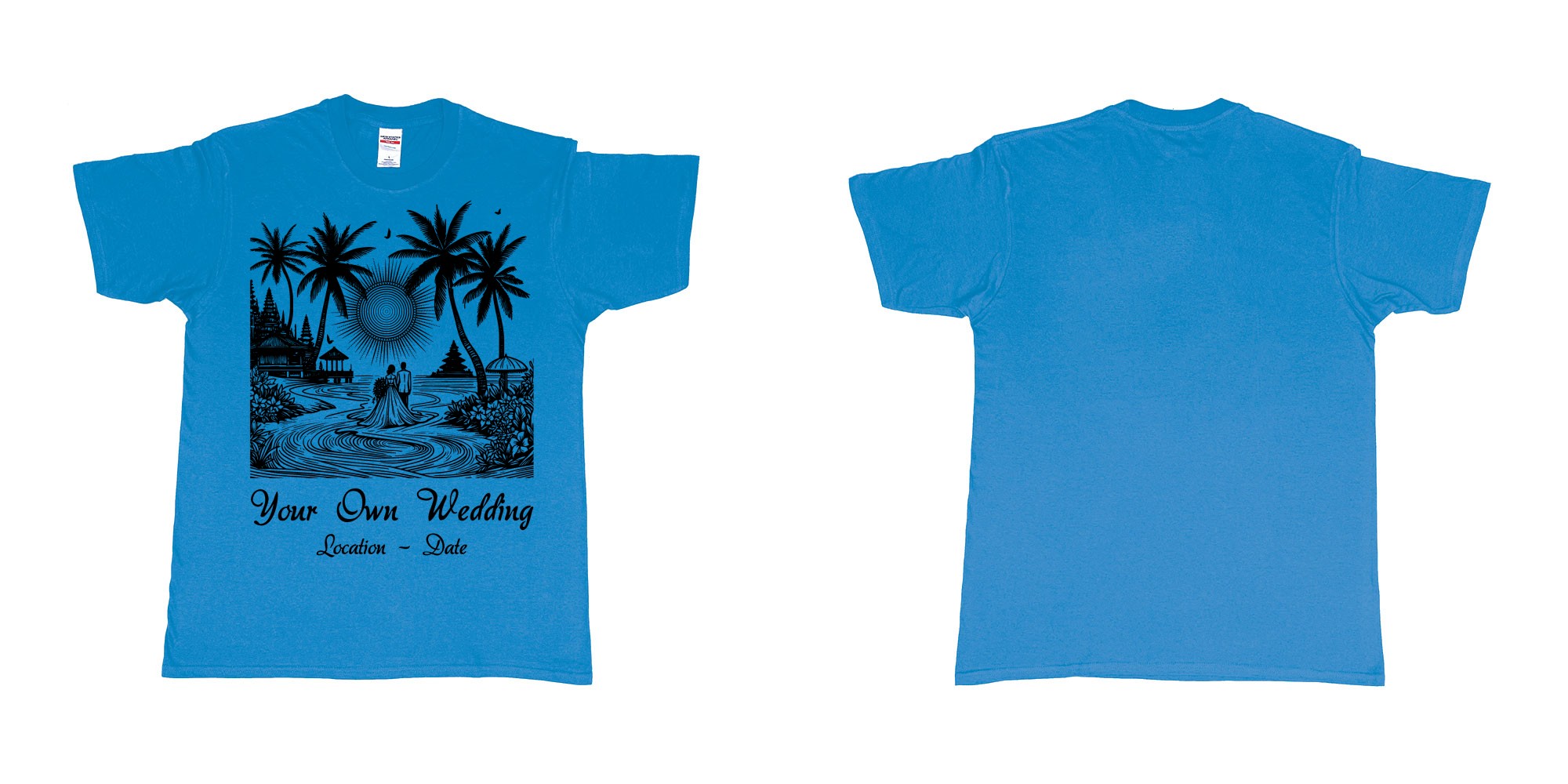 Custom tshirt design wedding couple drawing bali beach sea sunset custom printing souvenir gift in fabric color sapphire choice your own text made in Bali by The Pirate Way