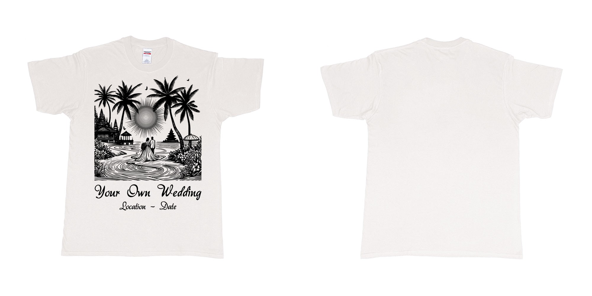 Custom tshirt design wedding couple drawing bali beach sea sunset custom printing souvenir gift in fabric color white choice your own text made in Bali by The Pirate Way