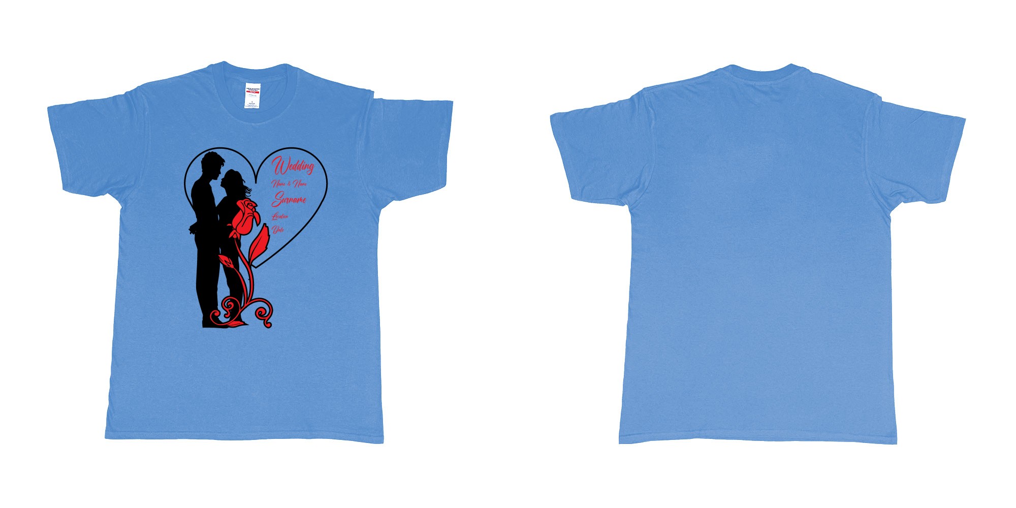 Custom tshirt design wedding couple rose heart in fabric color carolina-blue choice your own text made in Bali by The Pirate Way