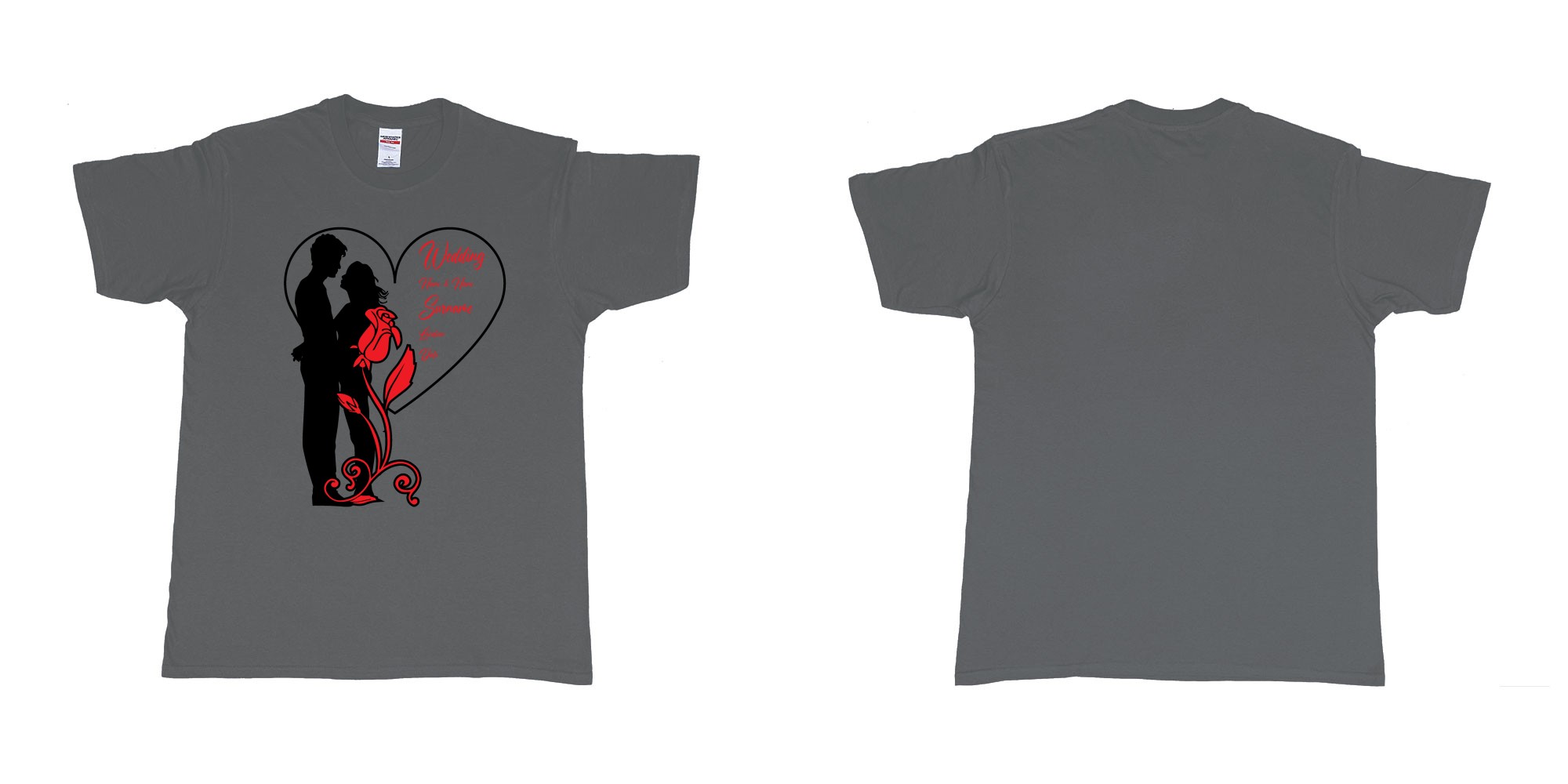 Custom tshirt design wedding couple rose heart in fabric color charcoal choice your own text made in Bali by The Pirate Way