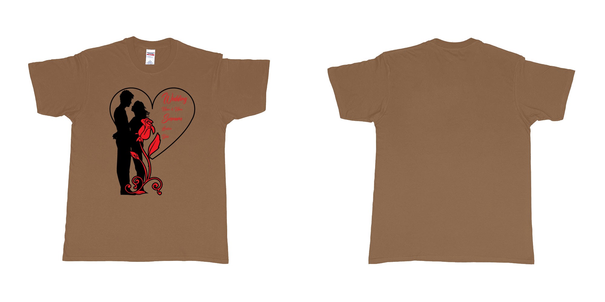 Custom tshirt design wedding couple rose heart in fabric color chestnut choice your own text made in Bali by The Pirate Way